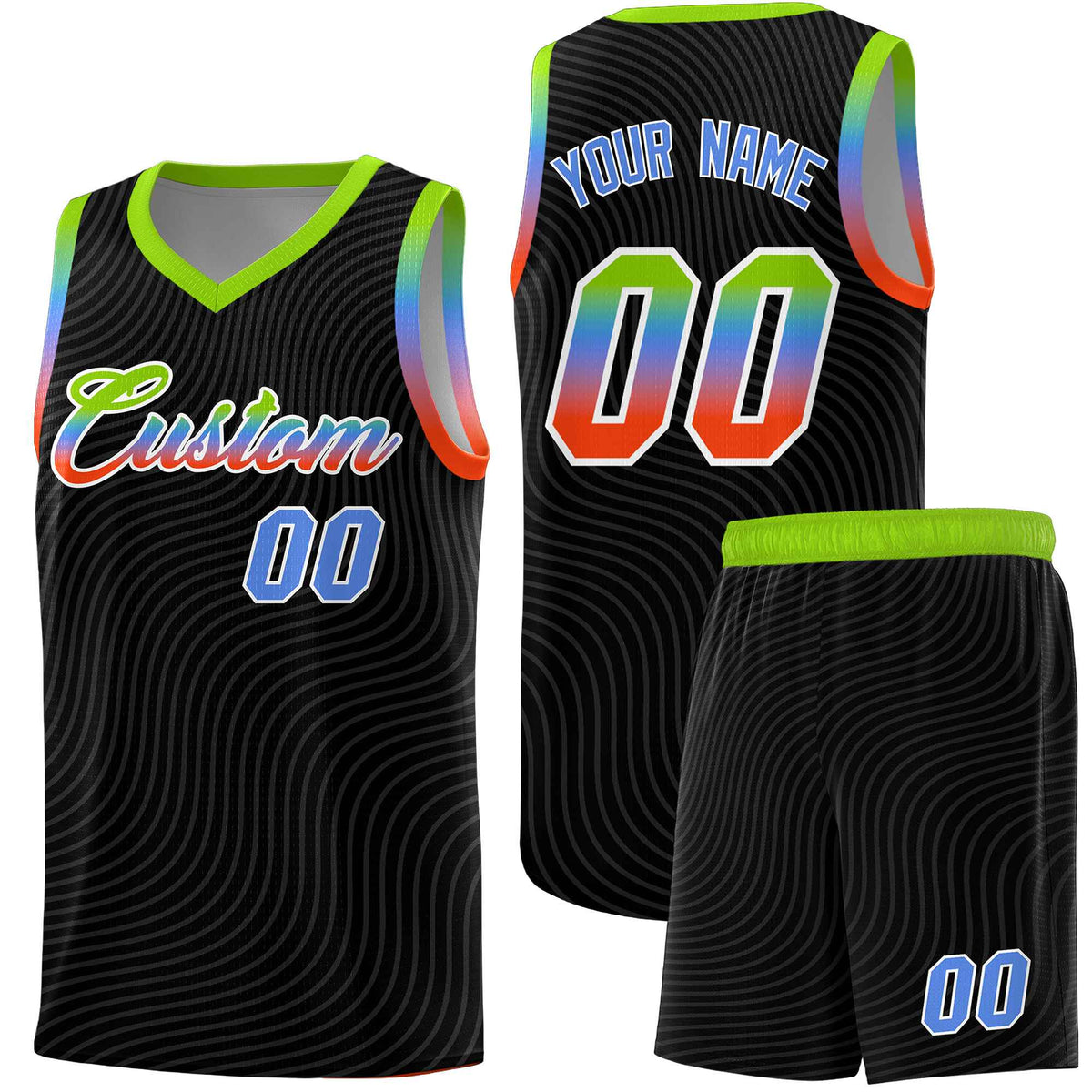 Custom Black Neon Green Wave Pattern Sports Uniform Basketball Jersey