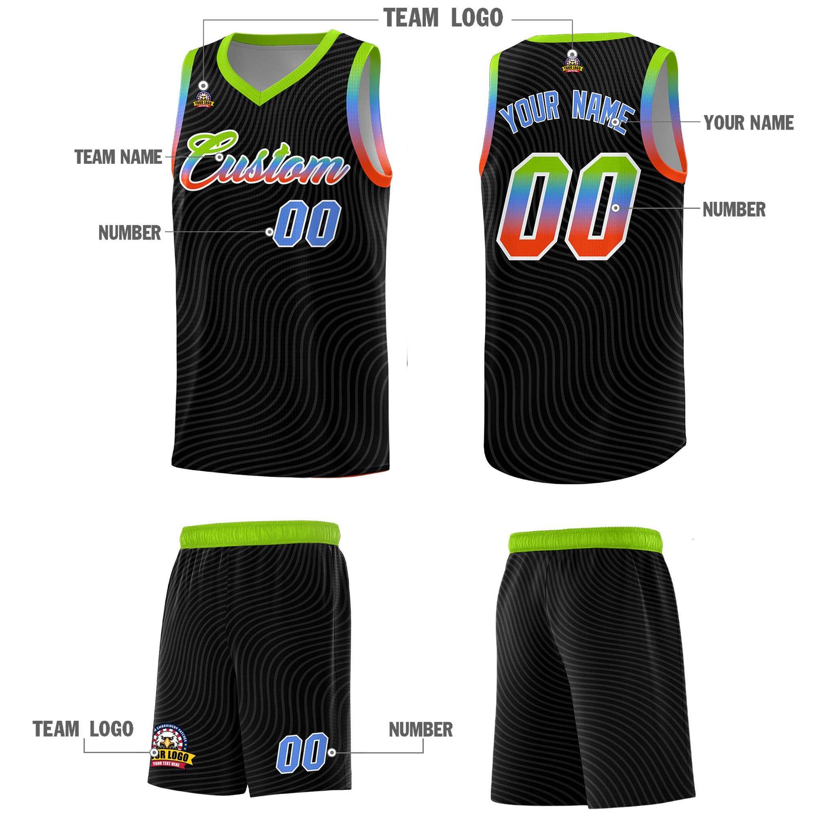 Custom Black Neon Green Wave Pattern Sports Uniform Basketball Jersey