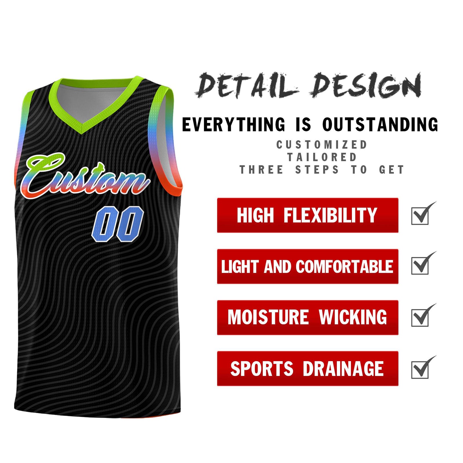 Custom Black Neon Green Wave Pattern Sports Uniform Basketball Jersey
