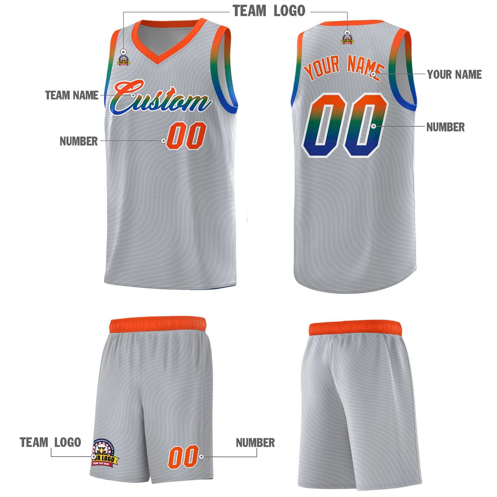 Custom Gray Orange Wave Pattern Sports Uniform Basketball Jersey