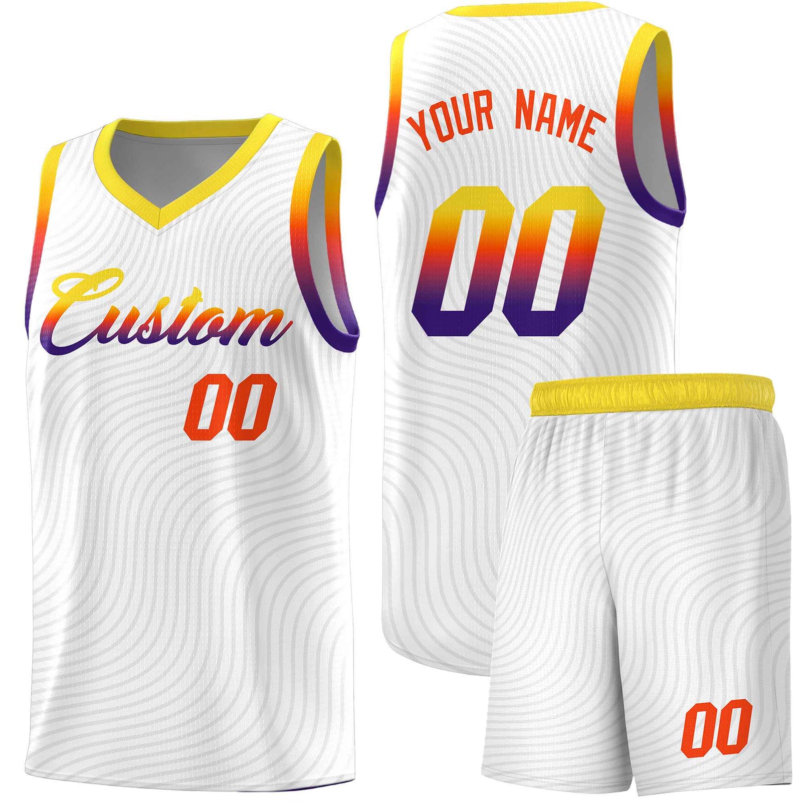 Custom White Gold Wave Pattern Sports Uniform Basketball Jersey