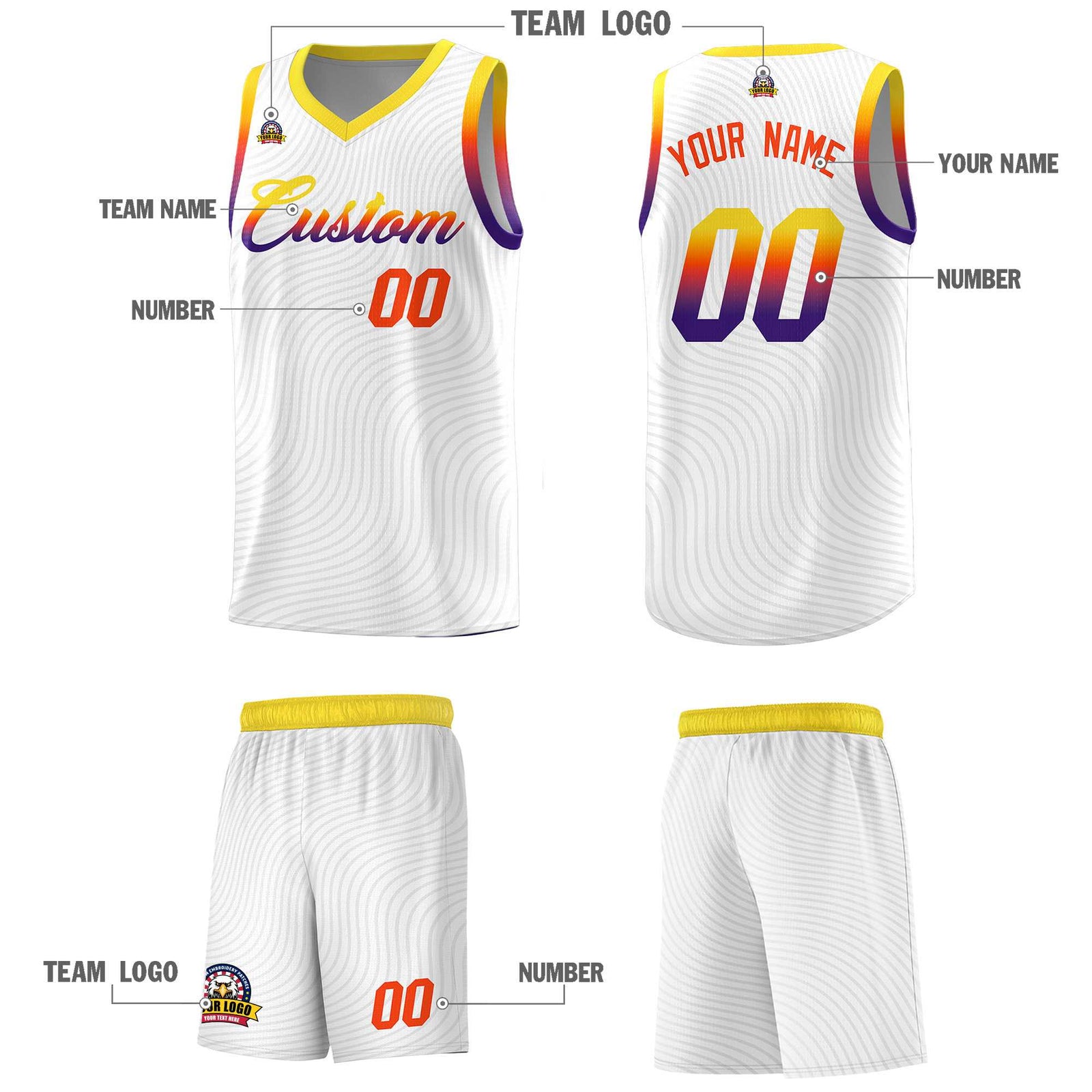 Custom White Gold Wave Pattern Sports Uniform Basketball Jersey