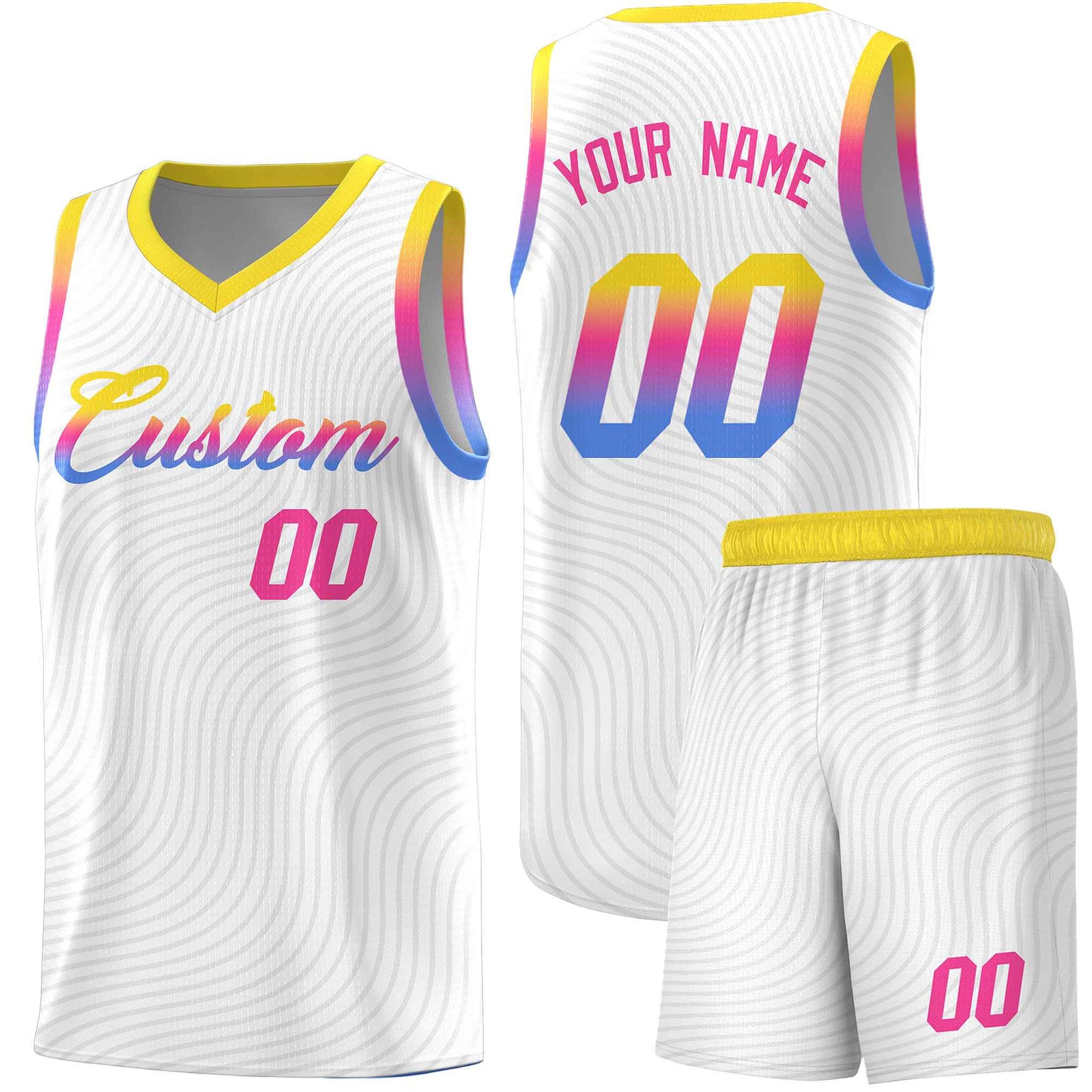 Custom White Gold Wave Pattern Sports Uniform Basketball Jersey