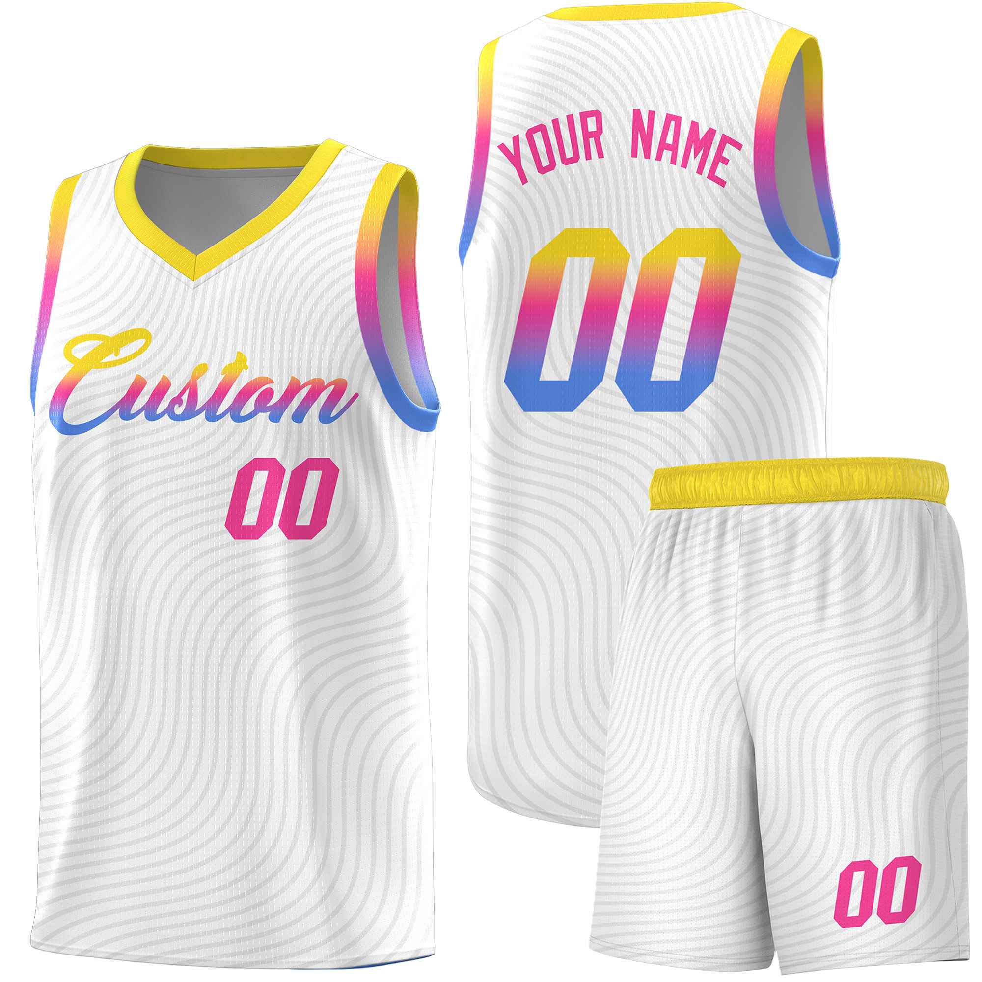 Custom White Gold Wave Pattern Sports Uniform Basketball Jersey