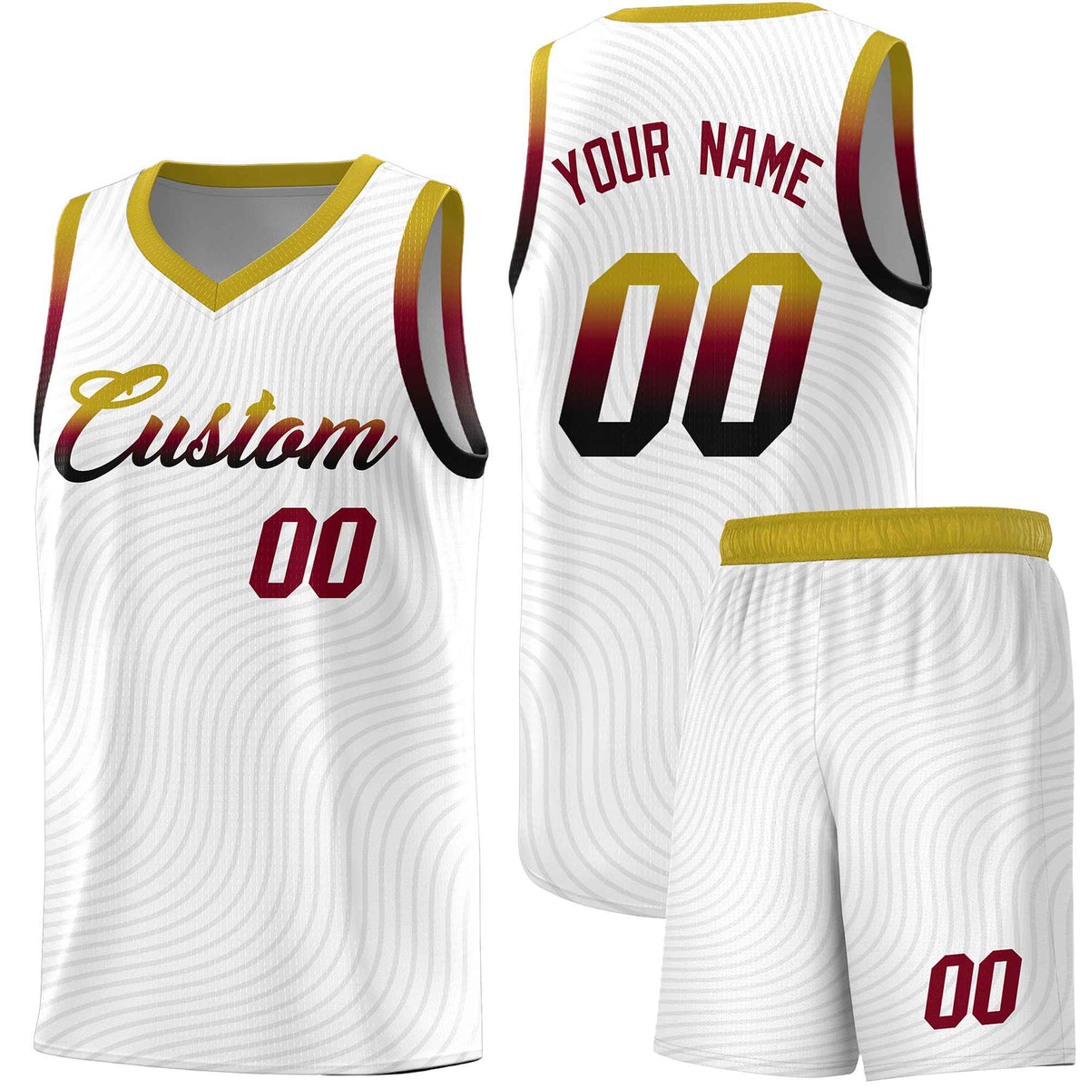 Custom White Old Gold Wave Pattern Sports Uniform Basketball Jersey