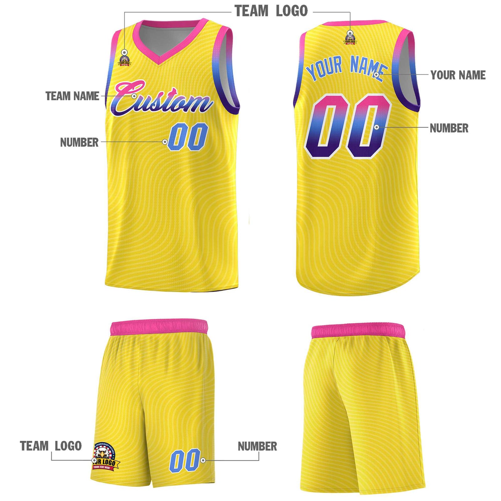 Custom Gold Pink Wave Pattern Sports Uniform Basketball Jersey