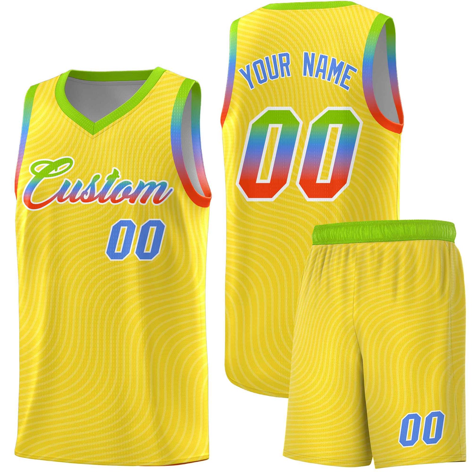 Custom Gold Neon Green Wave Pattern Sports Uniform Basketball Jersey