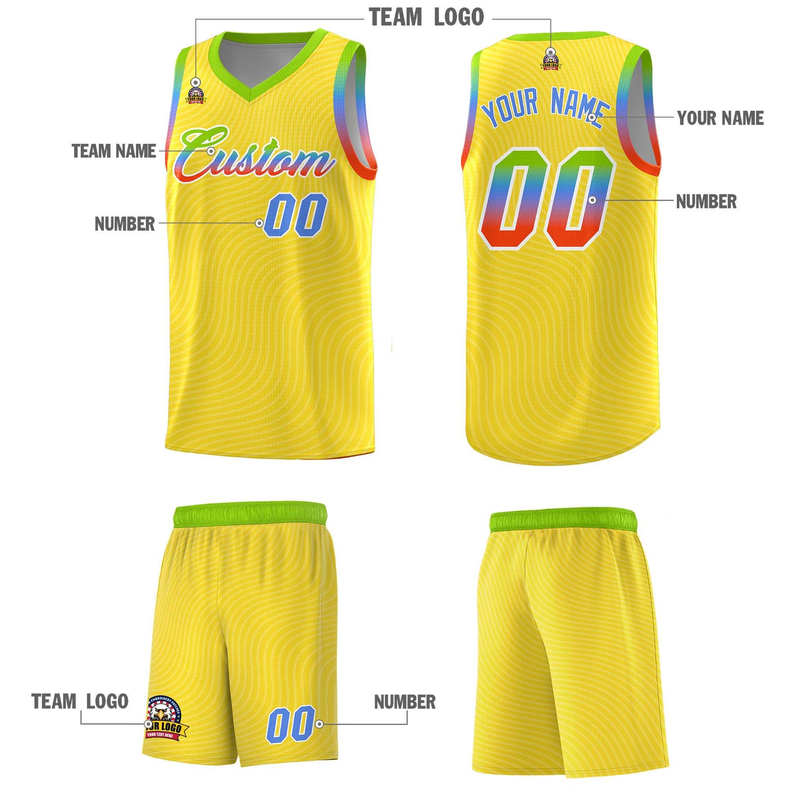 Custom Gold Neon Green Wave Pattern Sports Uniform Basketball Jersey
