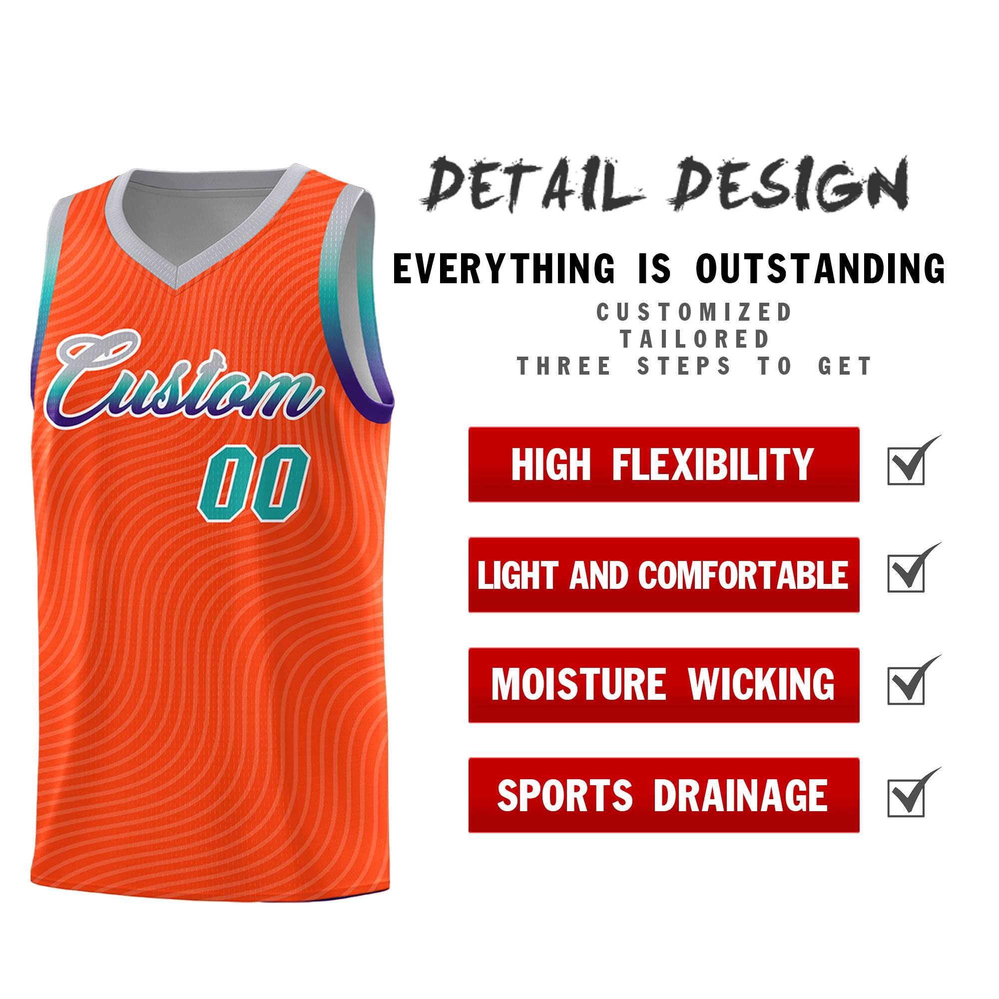 Custom Orange Gray Wave Pattern Sports Uniform Basketball Jersey