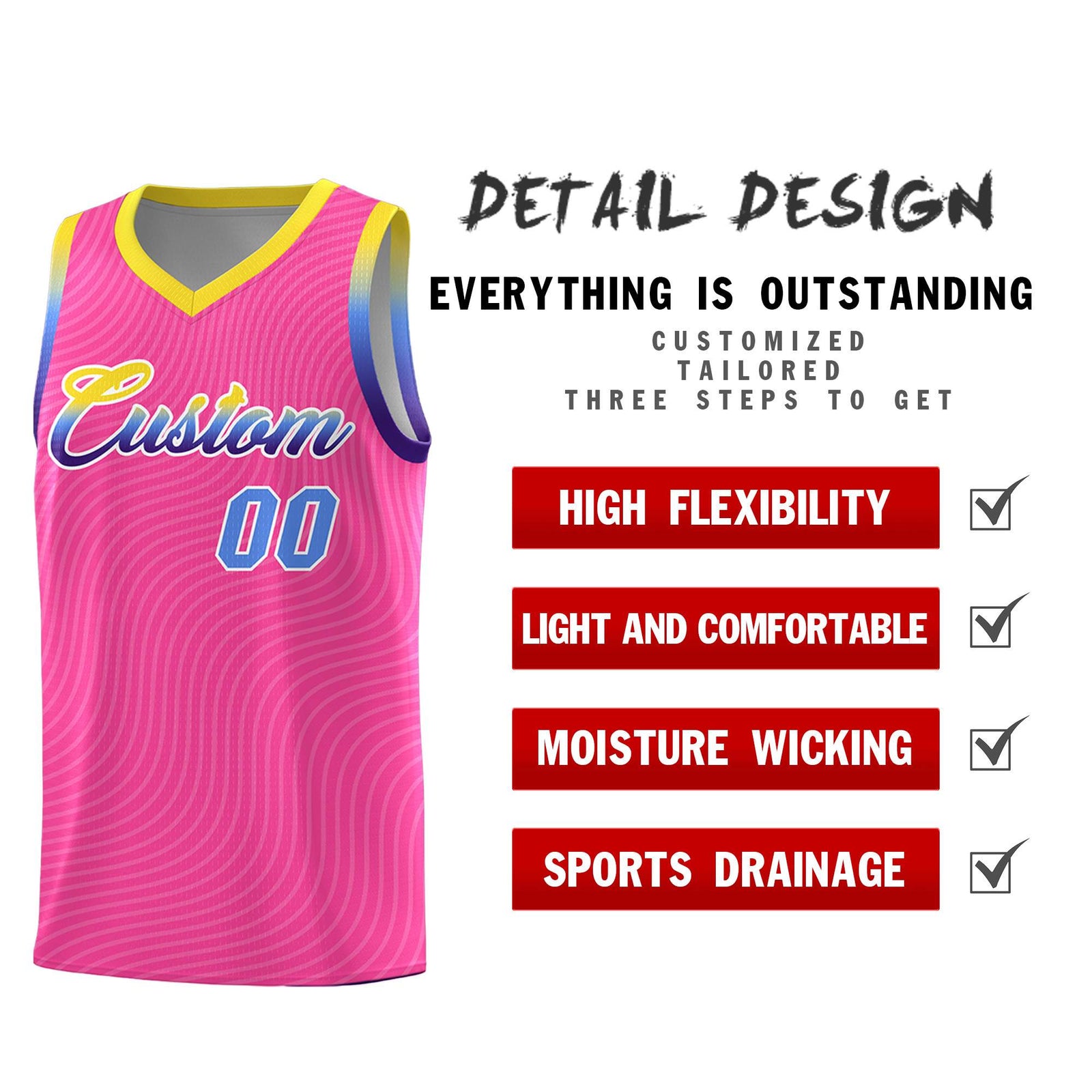 Custom Pink Gold Wave Pattern Sports Uniform Basketball Jersey
