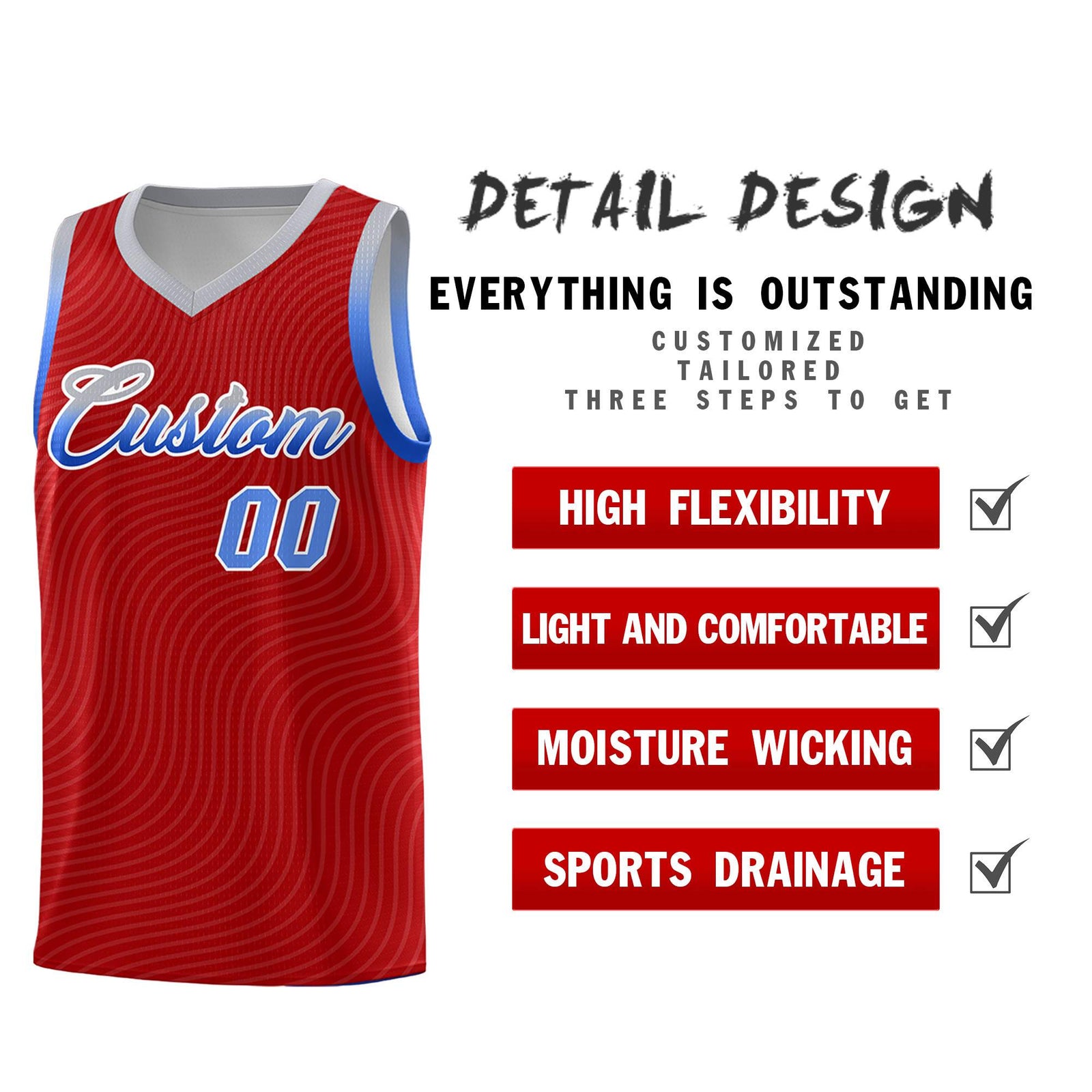 Custom Red Gray Wave Pattern Sports Uniform Basketball Jersey