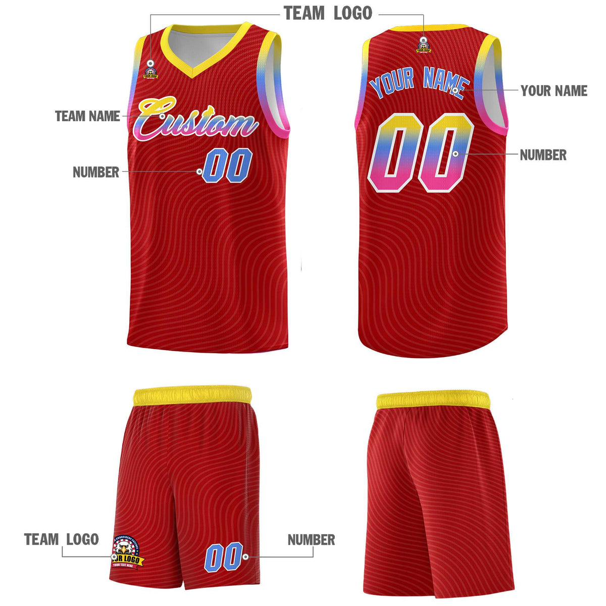 Custom Red Gold Wave Pattern Sports Uniform Basketball Jersey