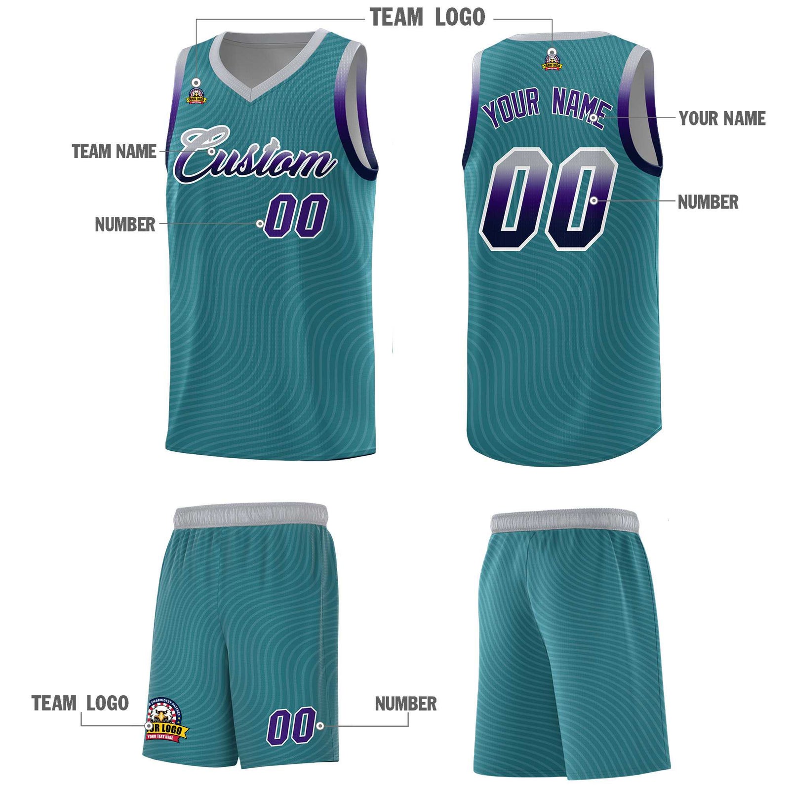 Custom Teal Gray Wave Pattern Sports Uniform Basketball Jersey