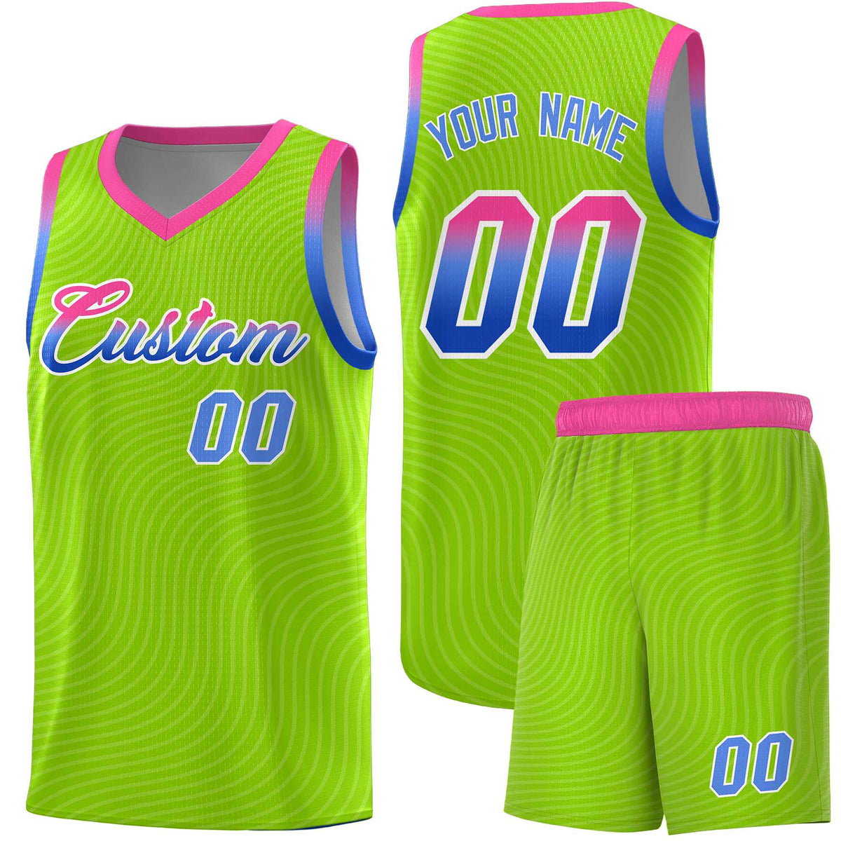 Custom Neon Green Pink Wave Pattern Sports Uniform Basketball Jersey