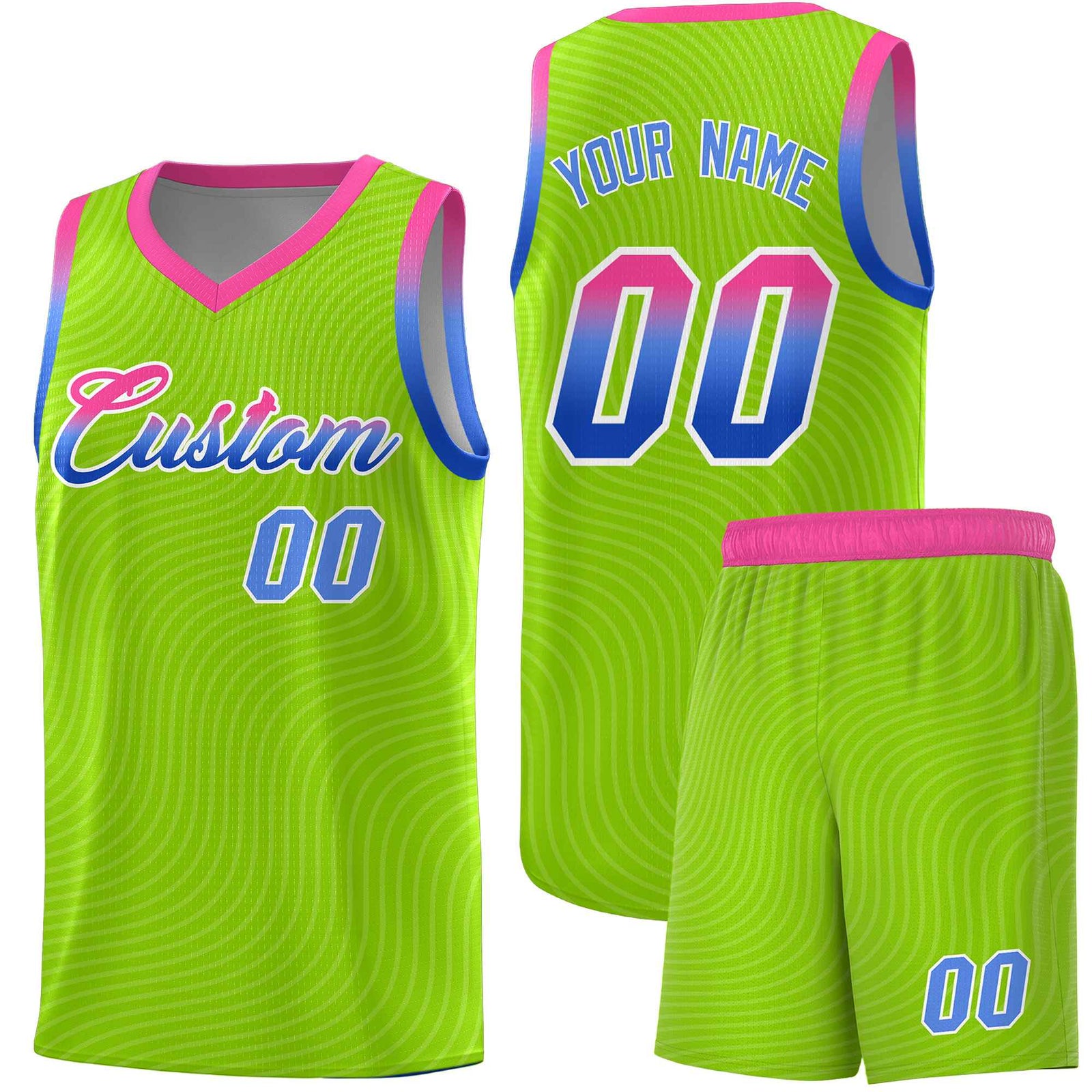 Custom Neon Green Pink Wave Pattern Sports Uniform Basketball Jersey