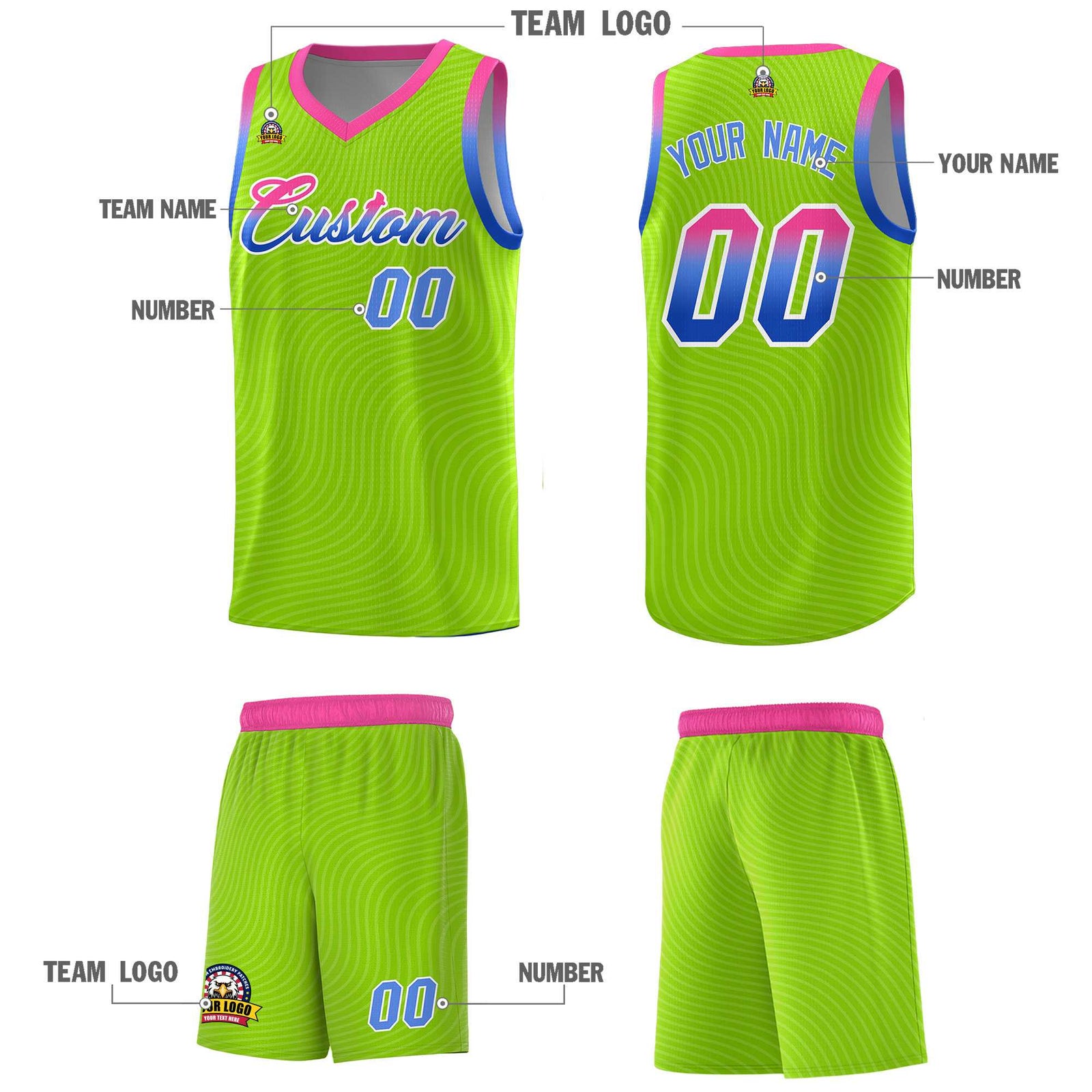 Custom Neon Green Pink Wave Pattern Sports Uniform Basketball Jersey