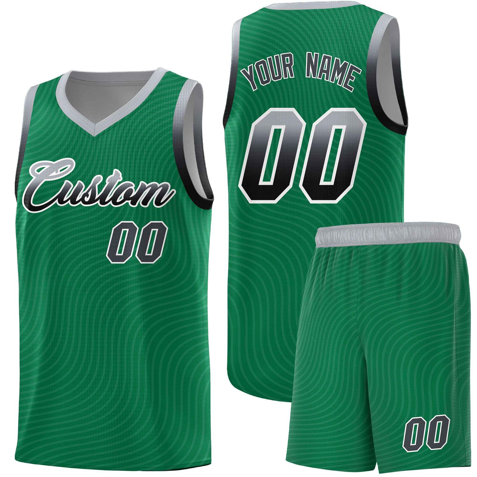 Custom Kelly Green Gray Wave Pattern Sports Uniform Basketball Jersey