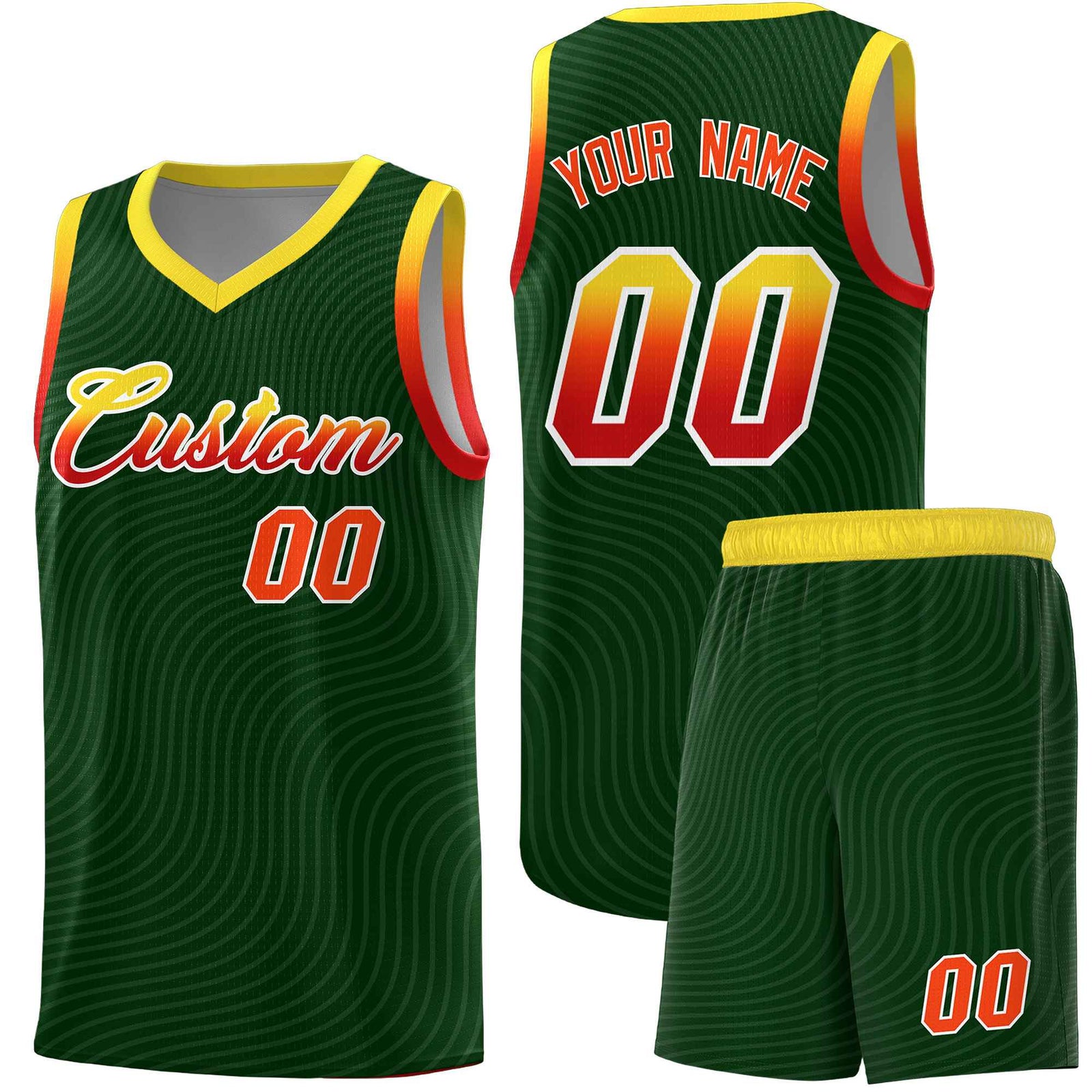 Custom Hunter Green Gold Wave Pattern Sports Uniform Basketball Jersey
