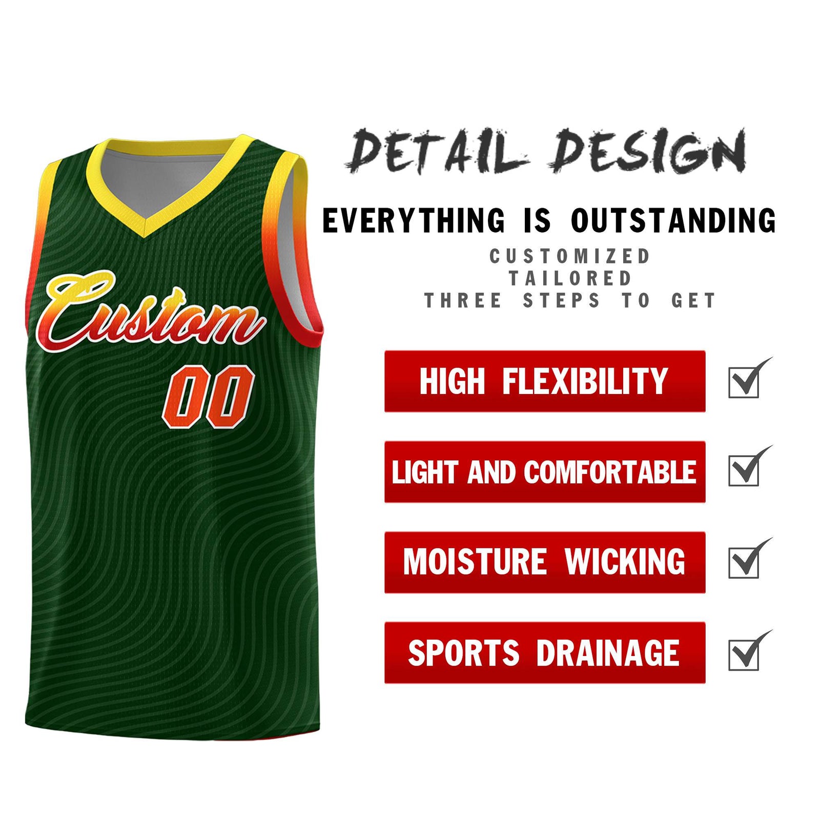 Custom Hunter Green Gold Wave Pattern Sports Uniform Basketball Jersey