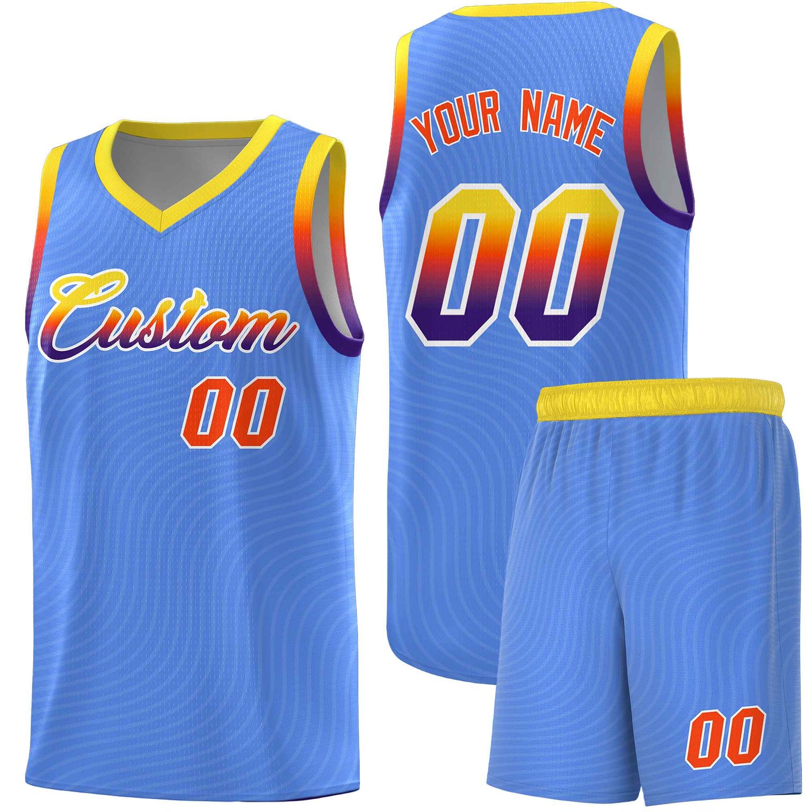 Custom Light Blue Gold Wave Pattern Sports Uniform Basketball Jersey