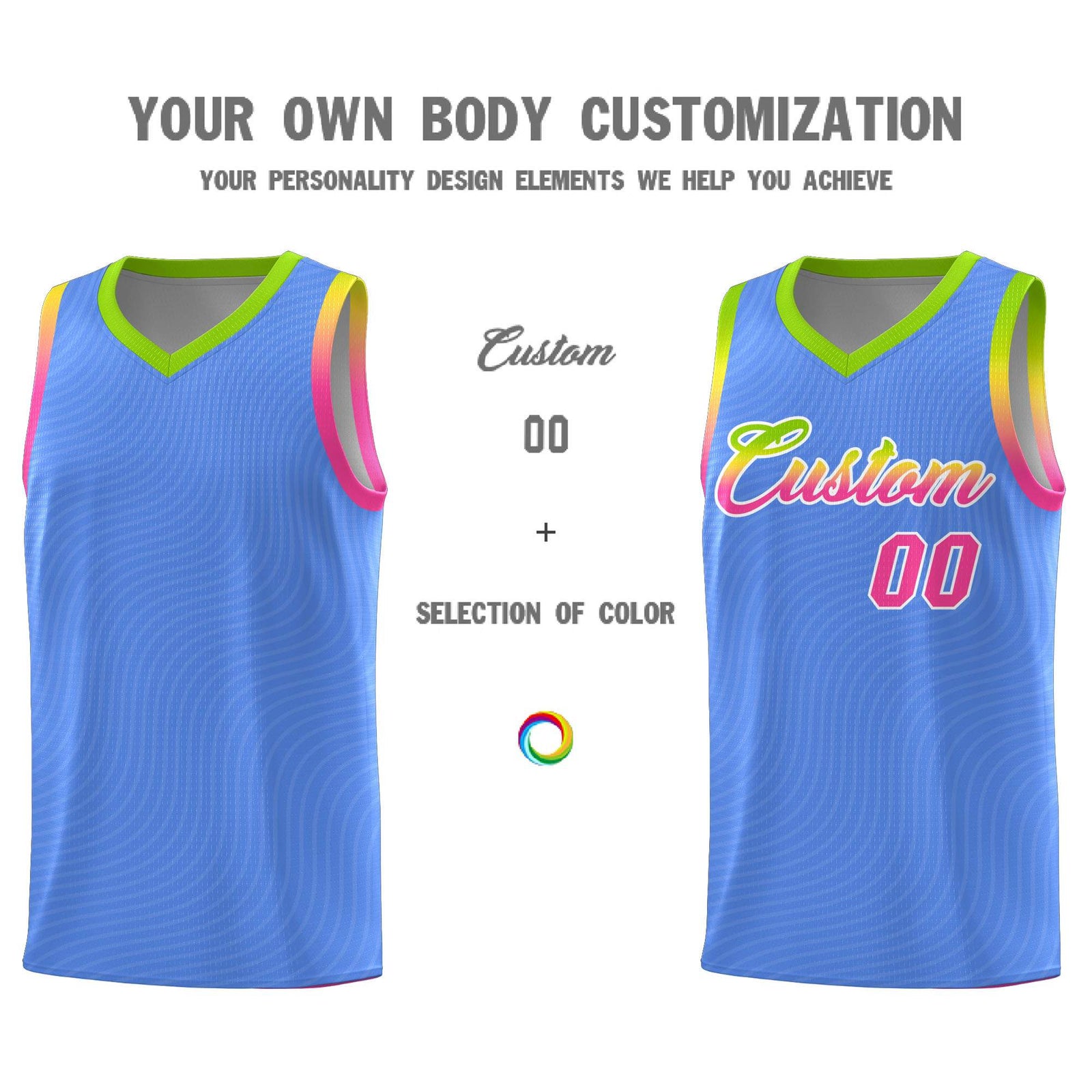 Custom Light Blue Neon Green Wave Pattern Sports Uniform Basketball Jersey