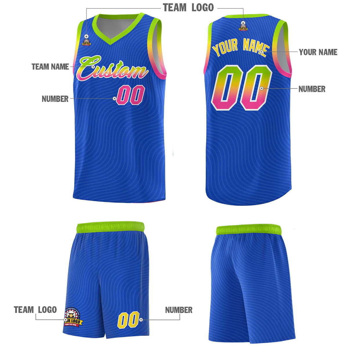 Custom Royal Blue Neon Green Wave Pattern Sports Uniform Basketball Jersey