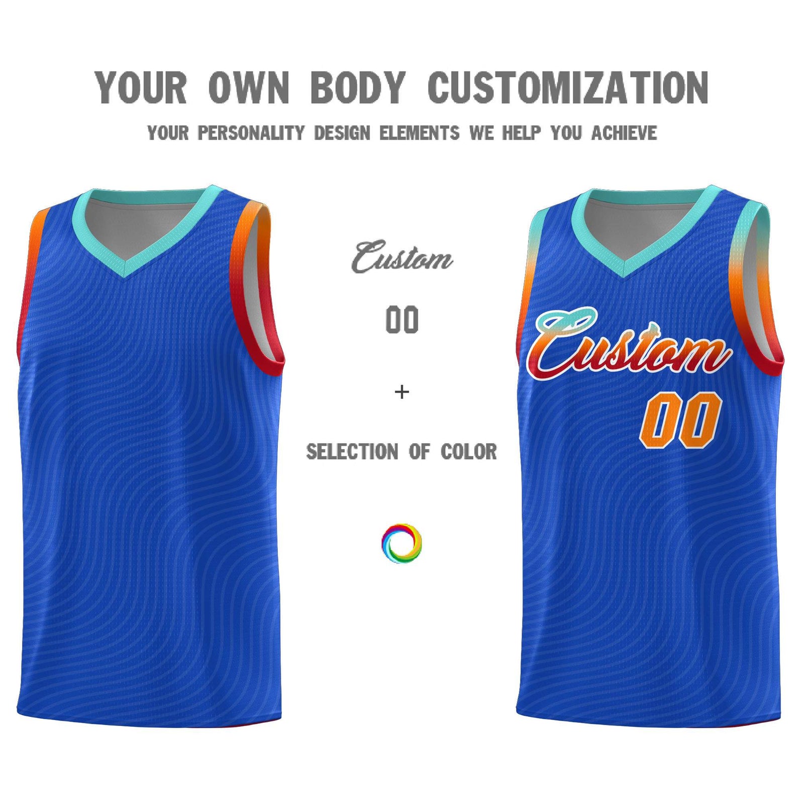 Custom Royal Blue Bright Green Wave Pattern Sports Uniform Basketball Jersey