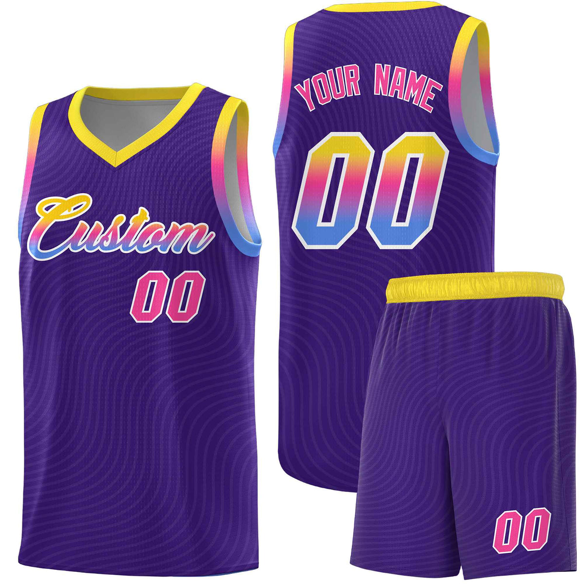 Custom Purple Gold Wave Pattern Sports Uniform Basketball Jersey