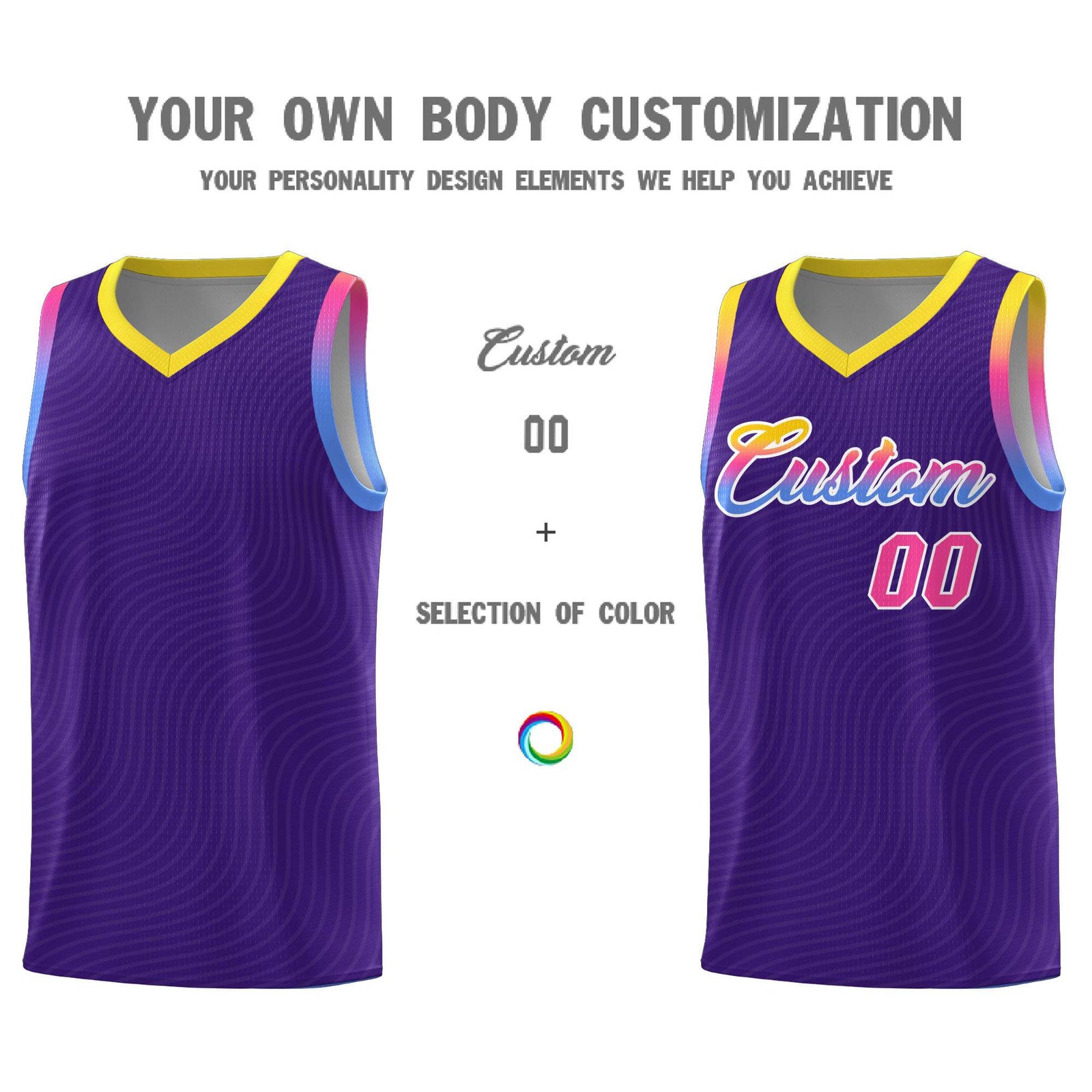 Custom Purple Gold Wave Pattern Sports Uniform Basketball Jersey
