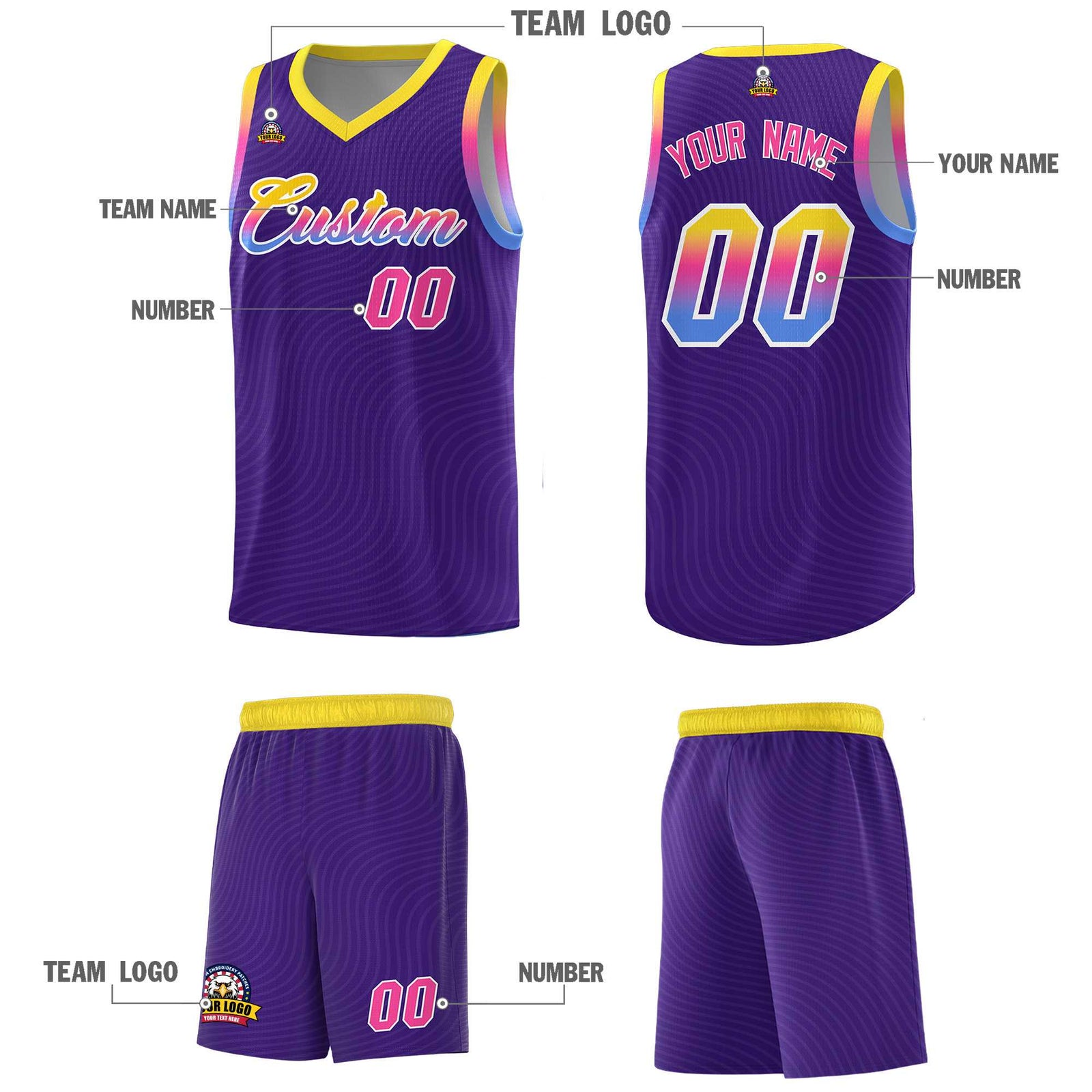 Custom Purple Gold Wave Pattern Sports Uniform Basketball Jersey