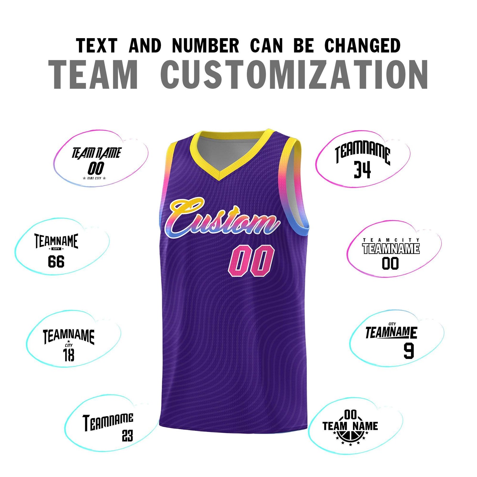 Custom Purple Gold Wave Pattern Sports Uniform Basketball Jersey