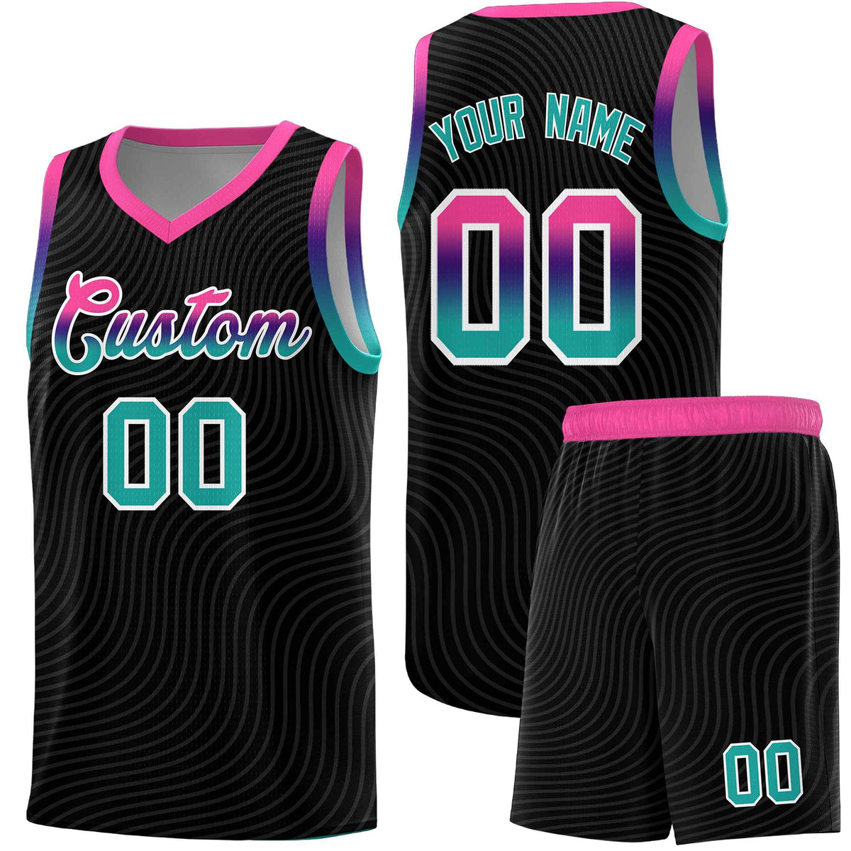Custom Black Pink Wave Pattern Sports Uniform Basketball Jersey