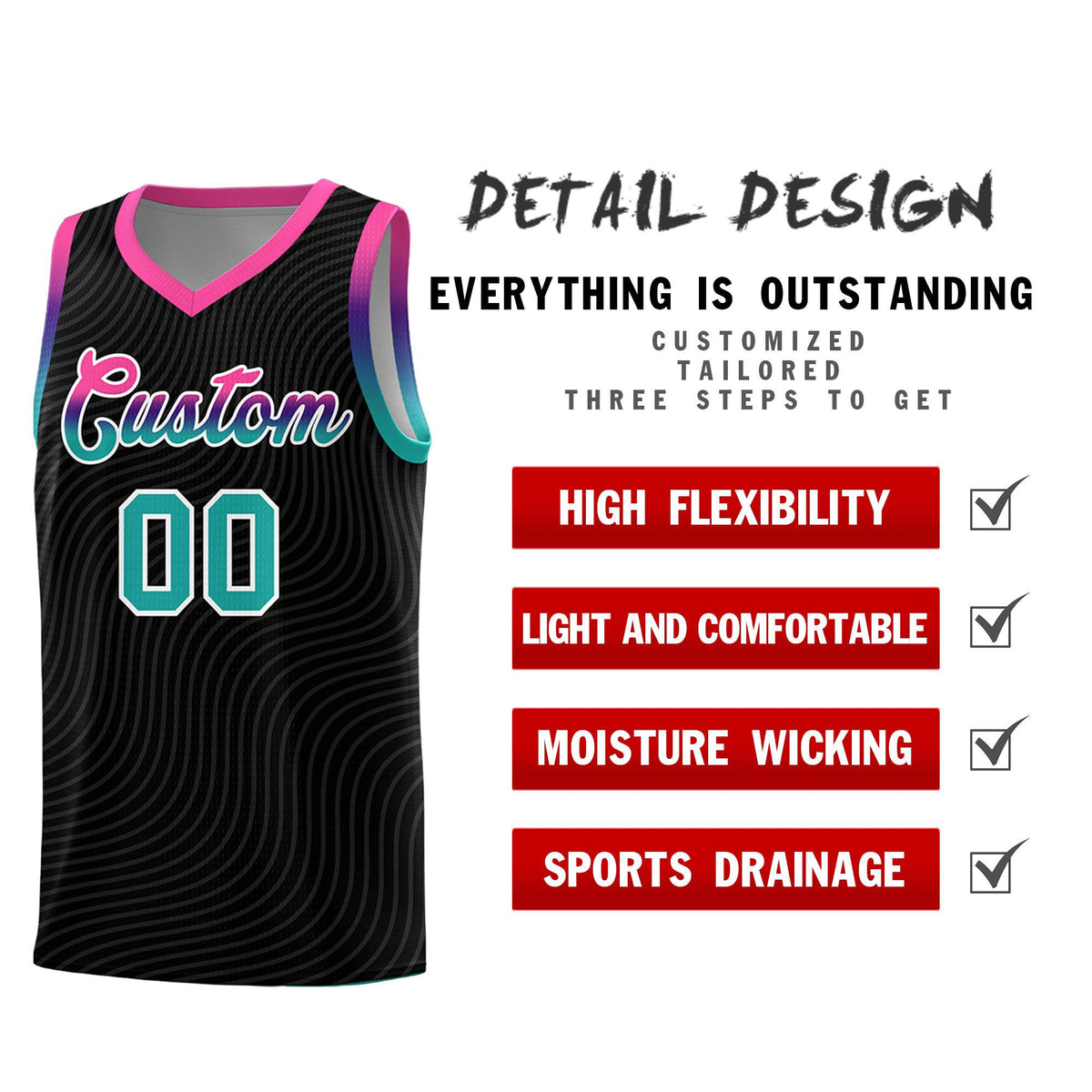 Custom Black Pink Wave Pattern Sports Uniform Basketball Jersey