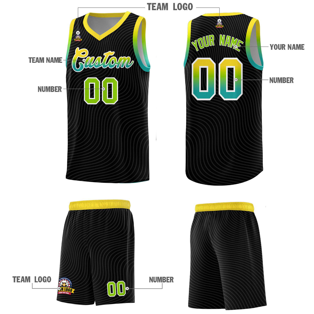 Custom Black Gold Wave Pattern Sports Uniform Basketball Jersey