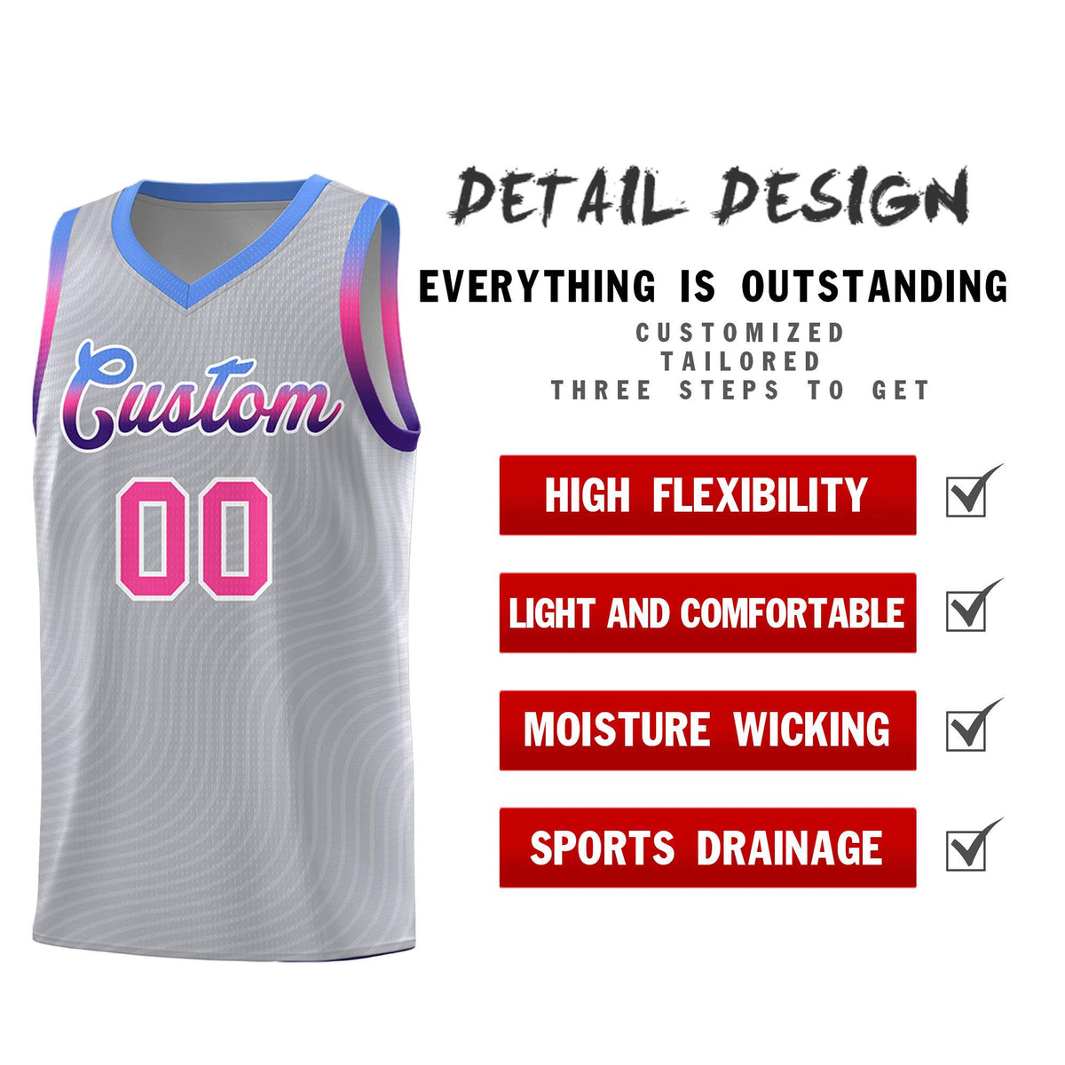 Custom Gray Light Blue Wave Pattern Sports Uniform Basketball Jersey