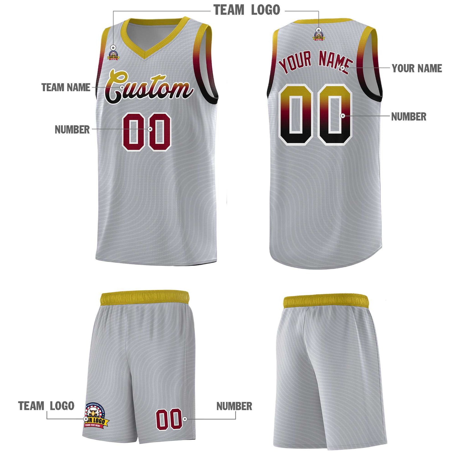 Custom Gray Old Gold Wave Pattern Sports Uniform Basketball Jersey