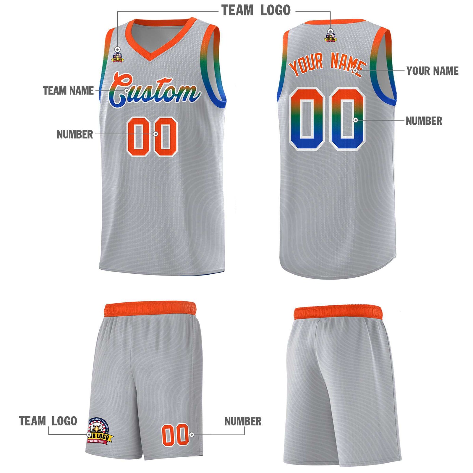Custom Gray Orange Wave Pattern Sports Uniform Basketball Jersey