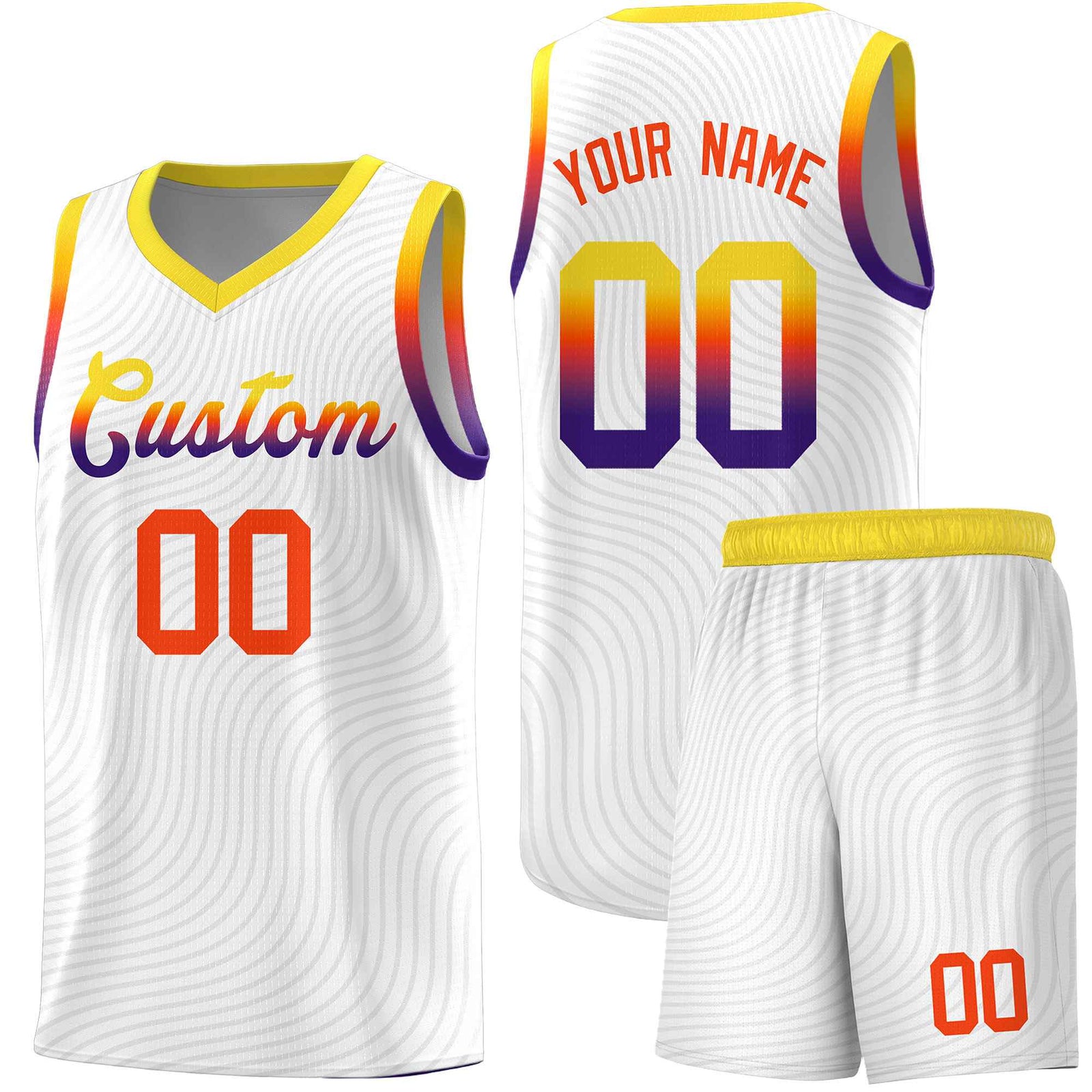 Custom White Gold Wave Pattern Sports Uniform Basketball Jersey
