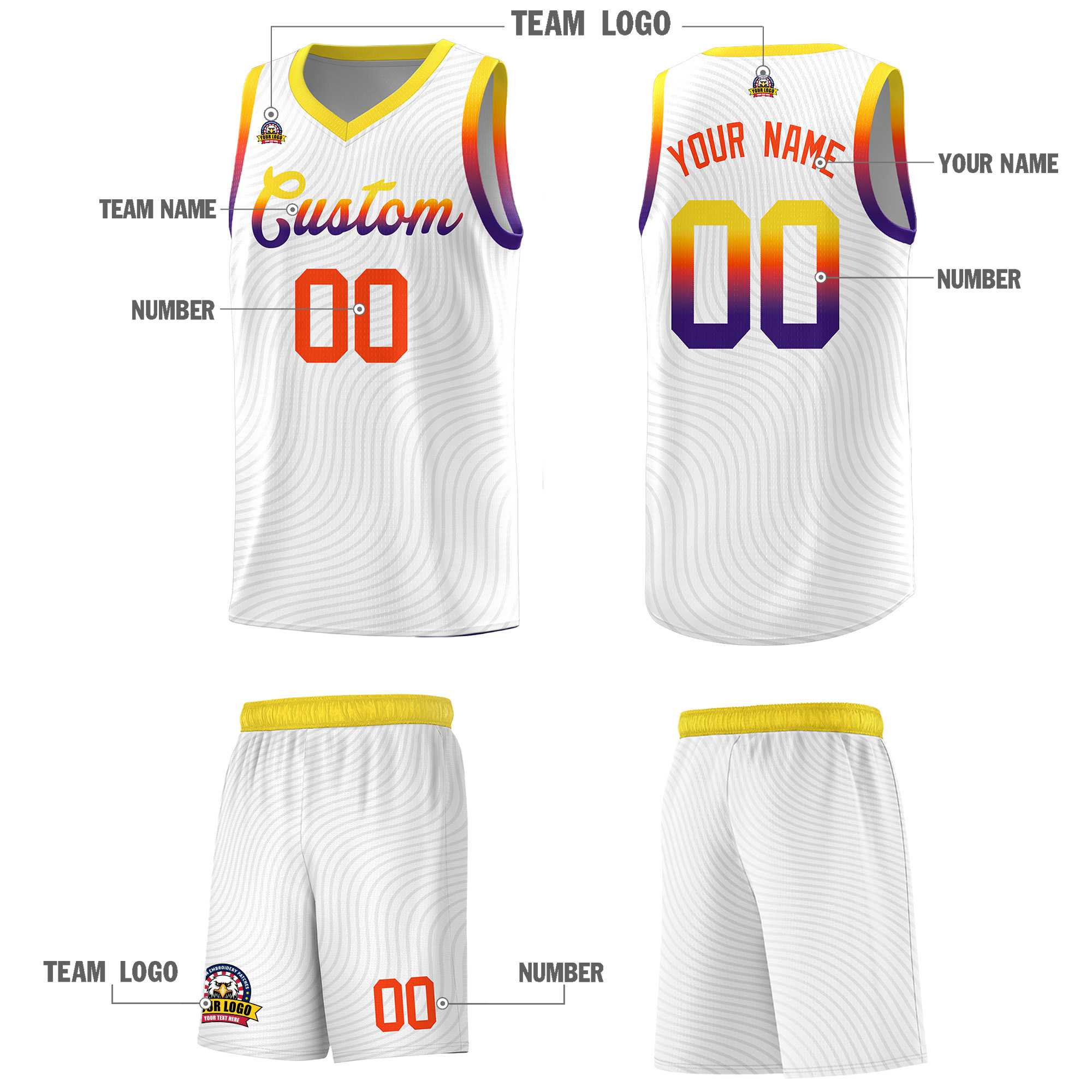 Custom White Gold Wave Pattern Sports Uniform Basketball Jersey