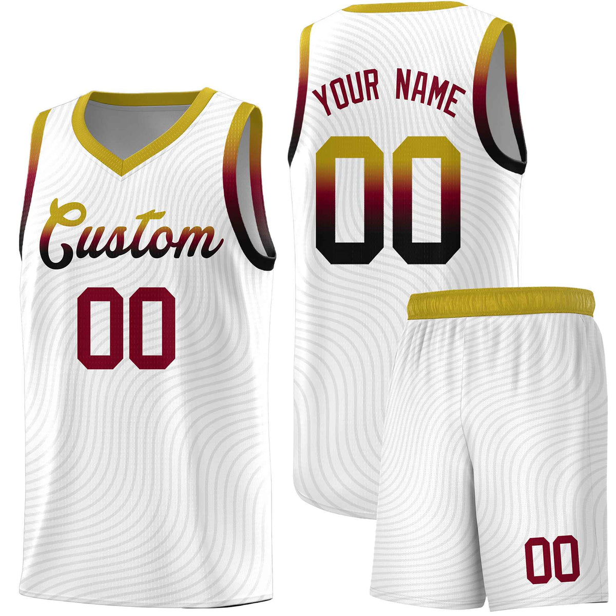 Custom White Old Gold Wave Pattern Sports Uniform Basketball Jersey