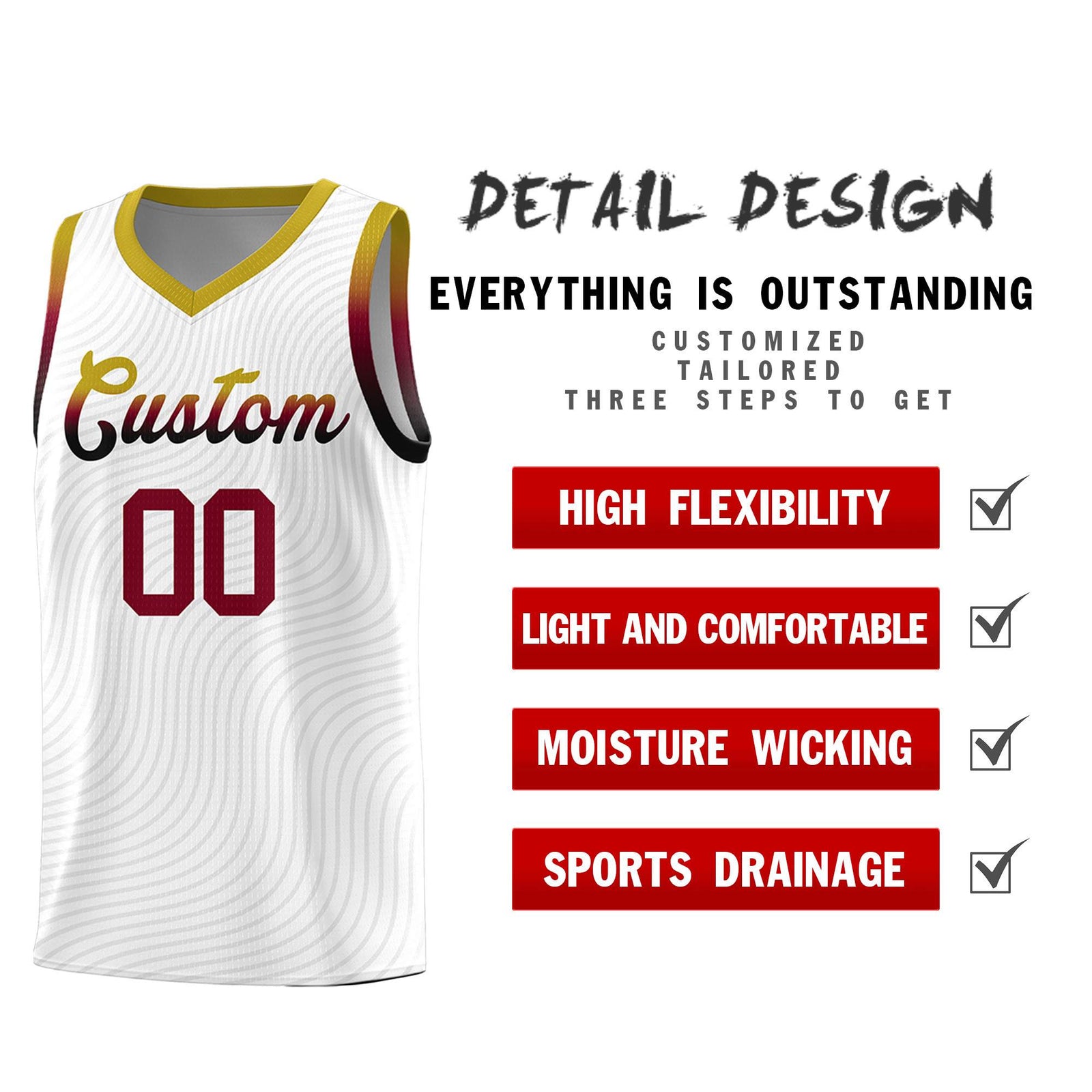 Custom White Old Gold Wave Pattern Sports Uniform Basketball Jersey
