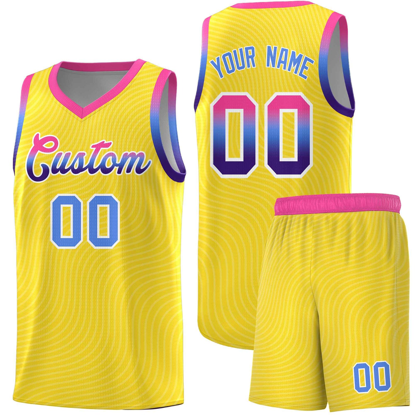 Custom Gold Pink Wave Pattern Sports Uniform Basketball Jersey