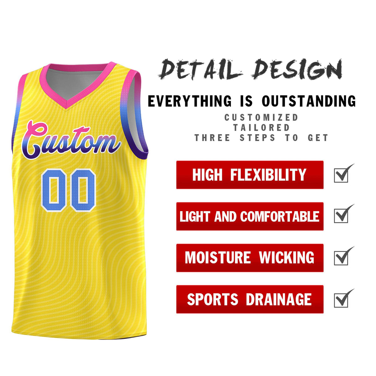 Custom Gold Pink Wave Pattern Sports Uniform Basketball Jersey