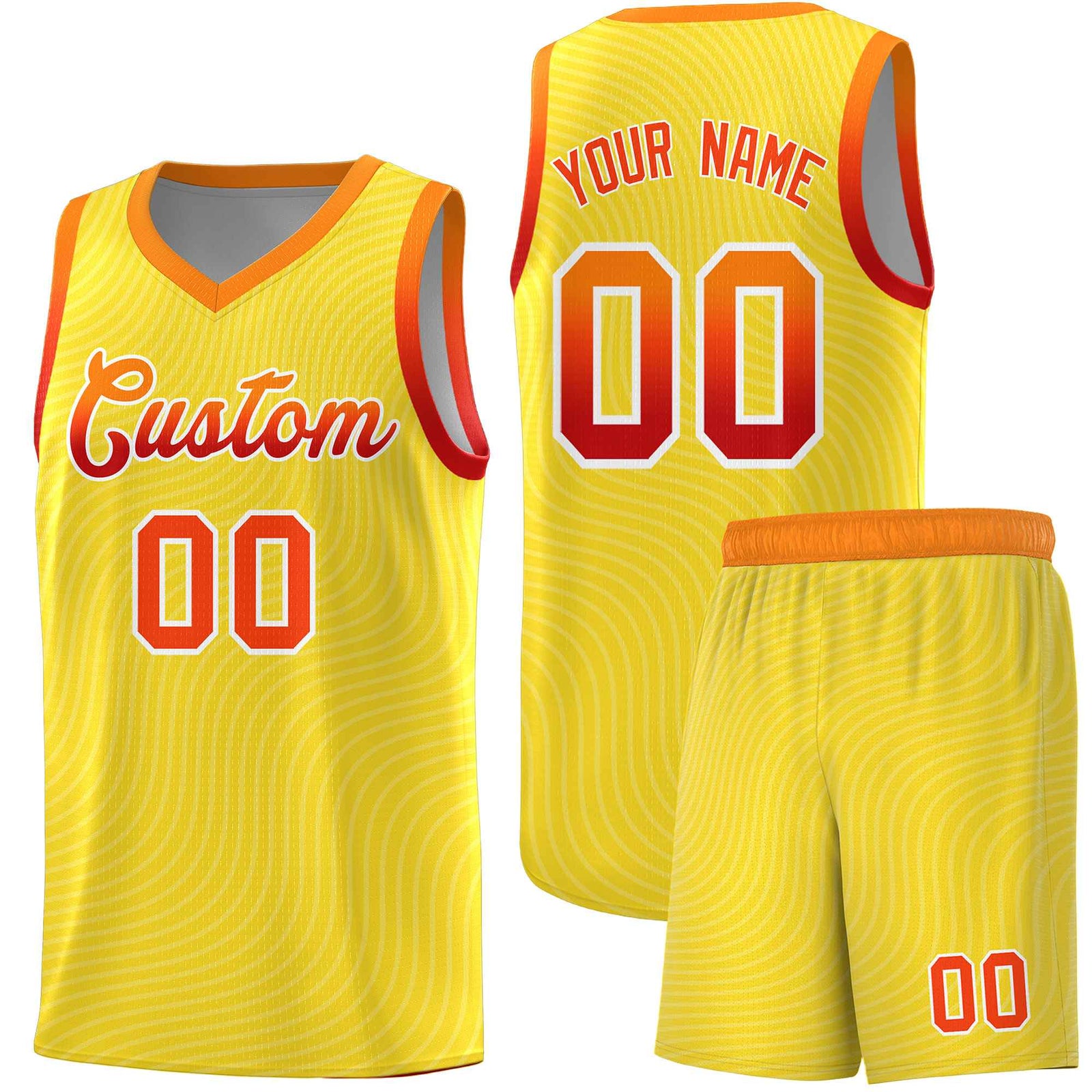 Custom Gold Orange Wave Pattern Sports Uniform Basketball Jersey
