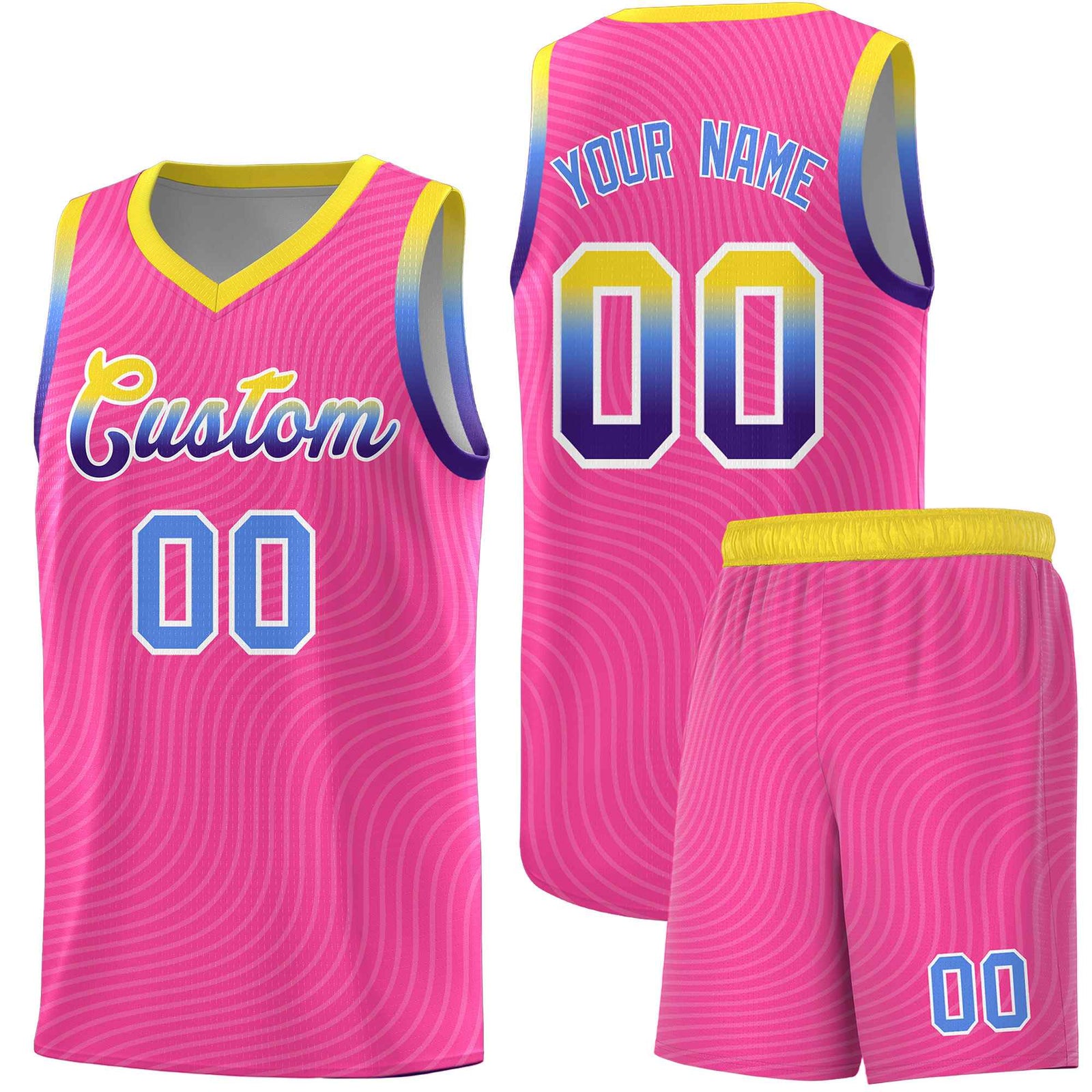 Custom Pink Gold Wave Pattern Sports Uniform Basketball Jersey