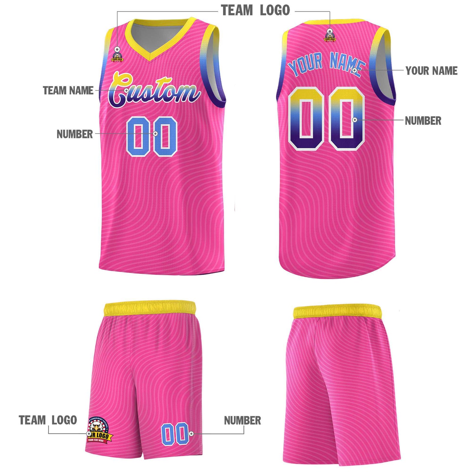 Custom Pink Gold Wave Pattern Sports Uniform Basketball Jersey