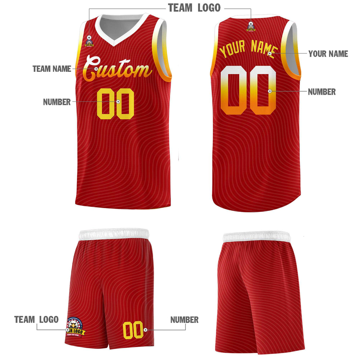 Custom Red White Wave Pattern Sports Uniform Basketball Jersey