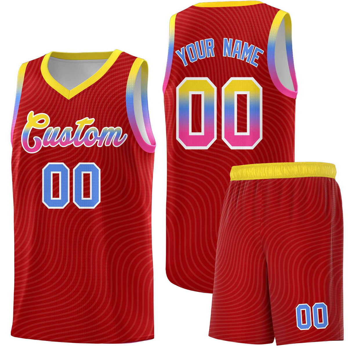 Custom Red Gold Wave Pattern Sports Uniform Basketball Jersey