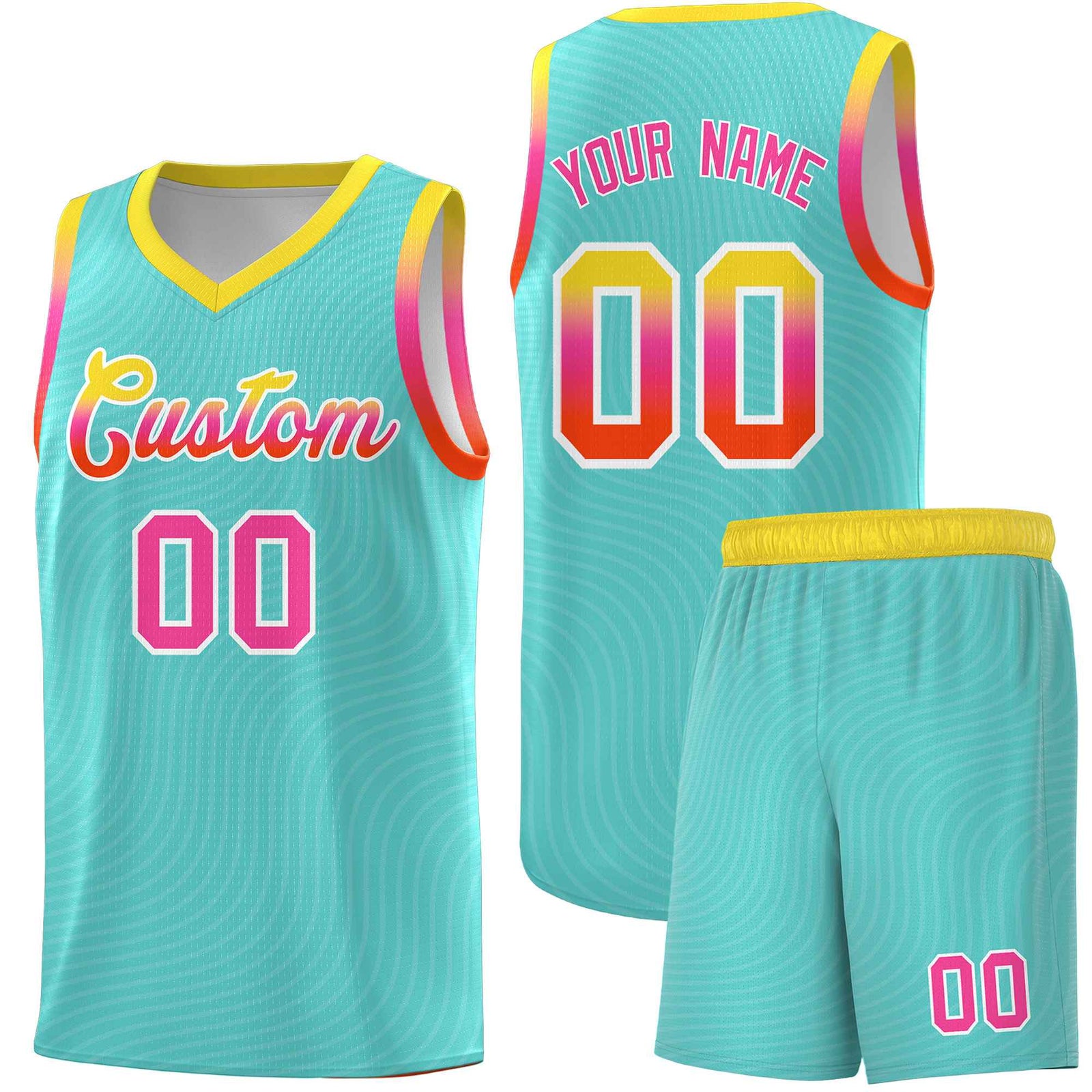Custom Bright Green Gold Wave Pattern Sports Uniform Basketball Jersey