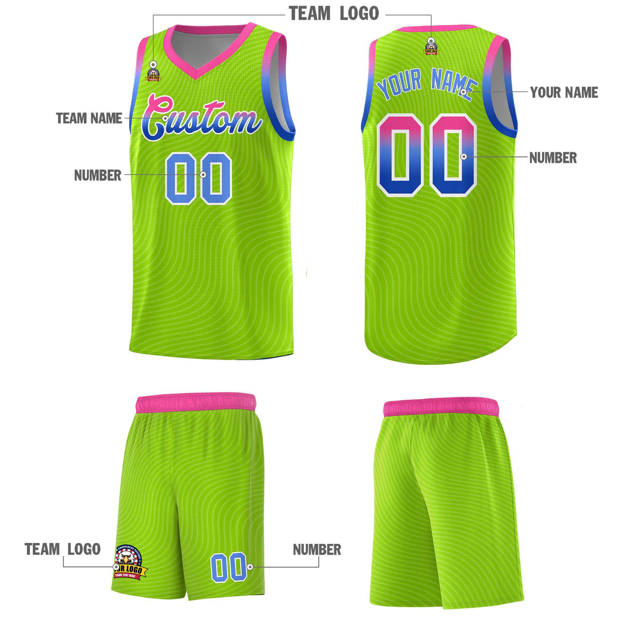 Custom Neon Green Pink Wave Pattern Sports Uniform Basketball Jersey